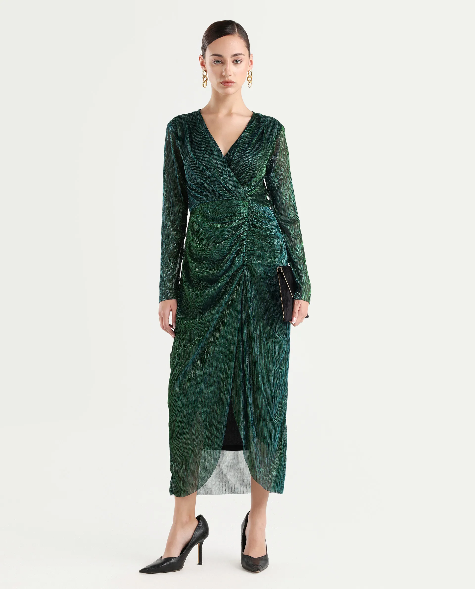 Rareism Women's Siga Metalic Green Polyester Blend V-Neck Shimmer Maxi Dress - Image 2