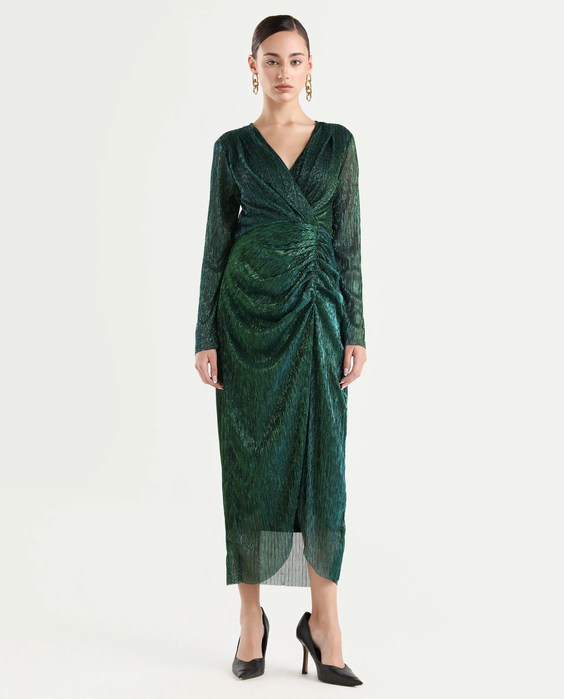 Rareism Women's Siga Metalic Green Polyester Blend V-Neck Shimmer Maxi Dress - Image 3
