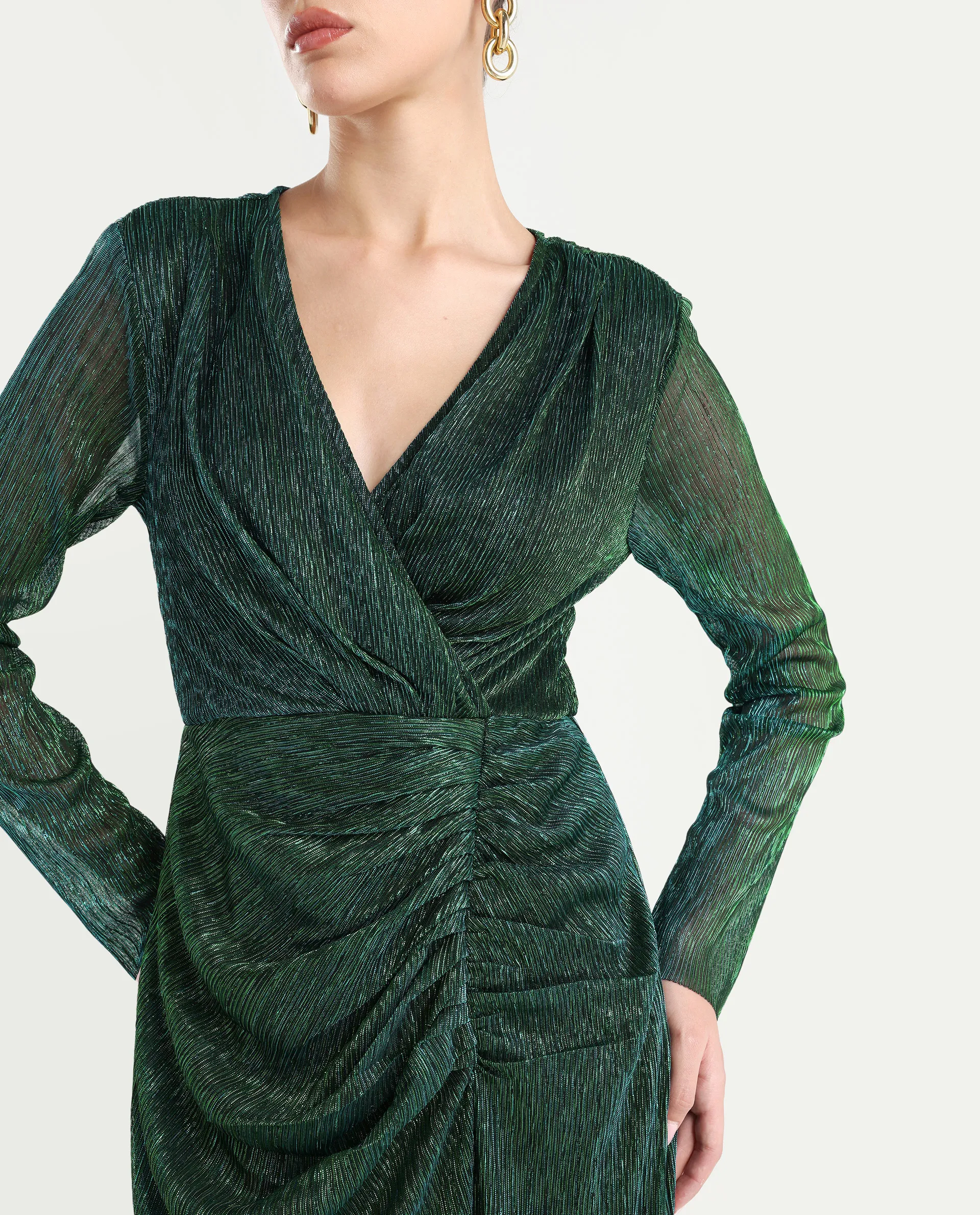 Rareism Women's Siga Metalic Green Polyester Blend V-Neck Shimmer Maxi Dress - Image 4