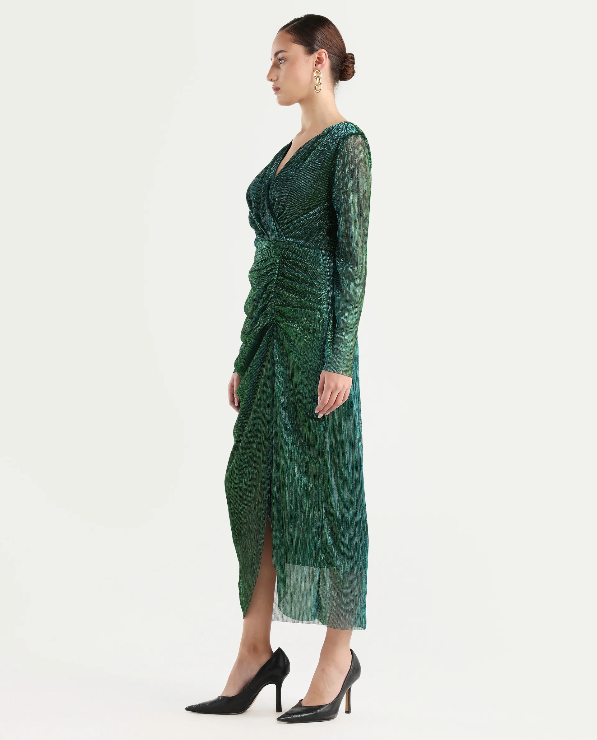 Rareism Women's Siga Metalic Green Polyester Blend V-Neck Shimmer Maxi Dress - Image 5