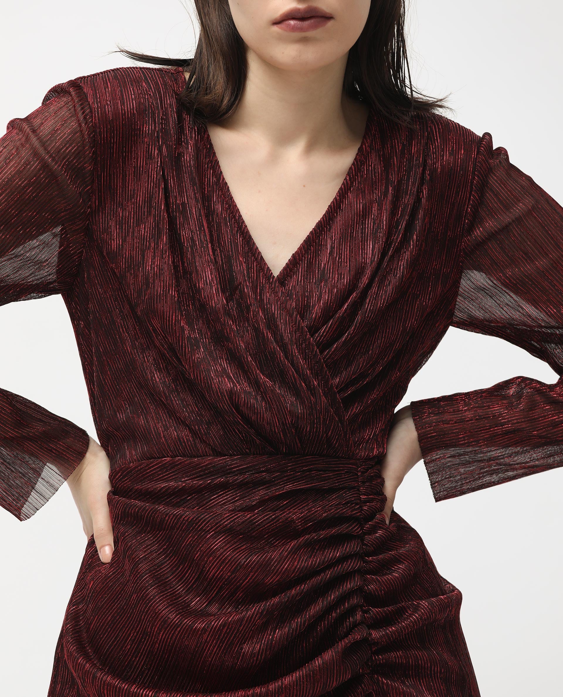 Rareism Women's Siga Metalic Red Polyester Blend Collarless Shimmer Maxi Regular Fit Dress - Image 2