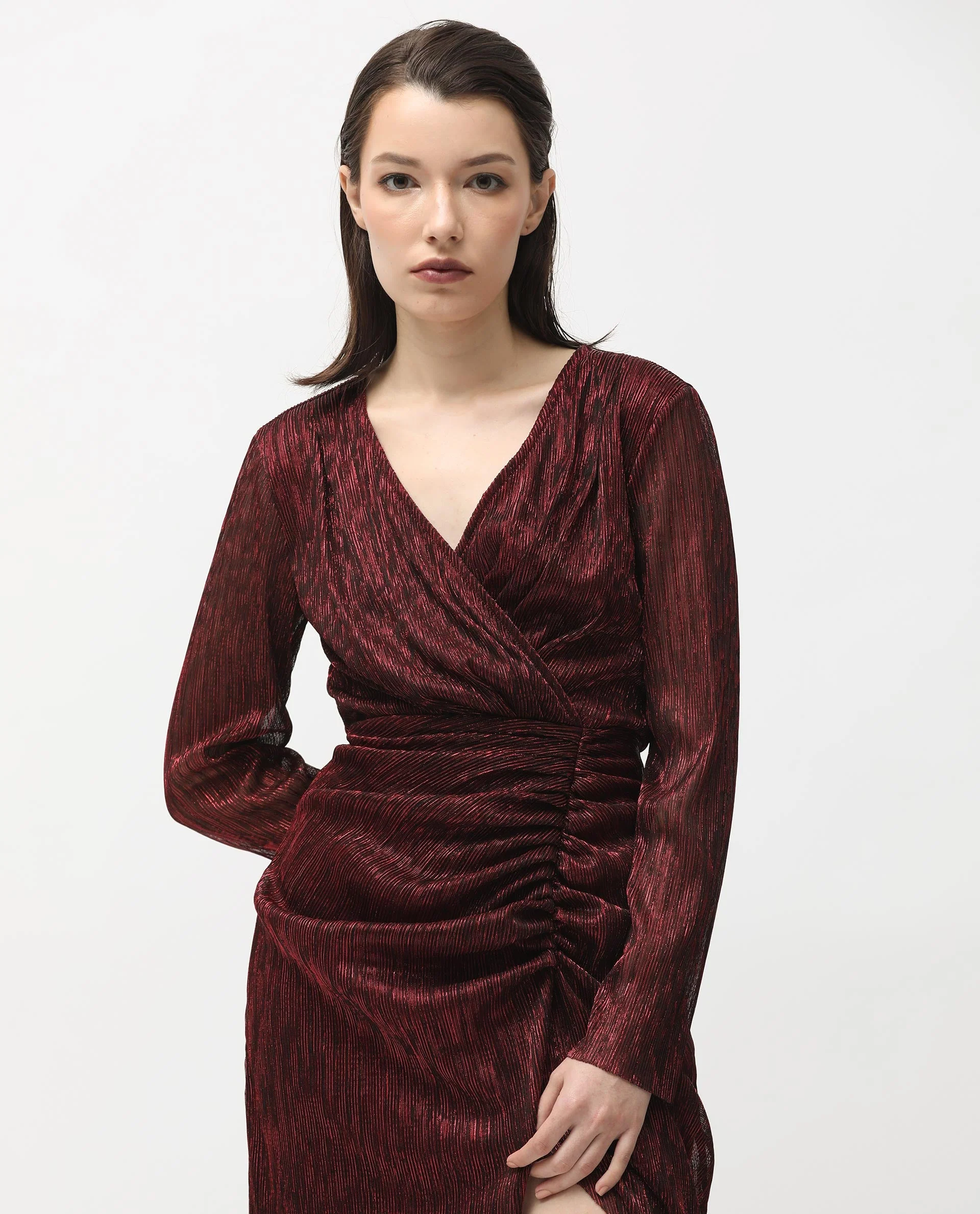 Rareism Women's Siga Metalic Red Polyester Blend Collarless Shimmer Maxi Regular Fit Dress - Image 3