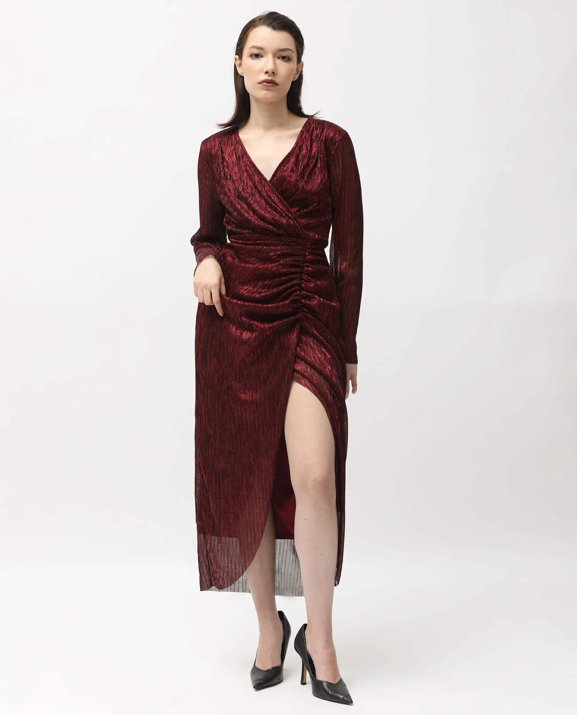 Rareism Women's Siga Metalic Red Polyester Blend Collarless Shimmer Maxi Regular Fit Dress - Image 4