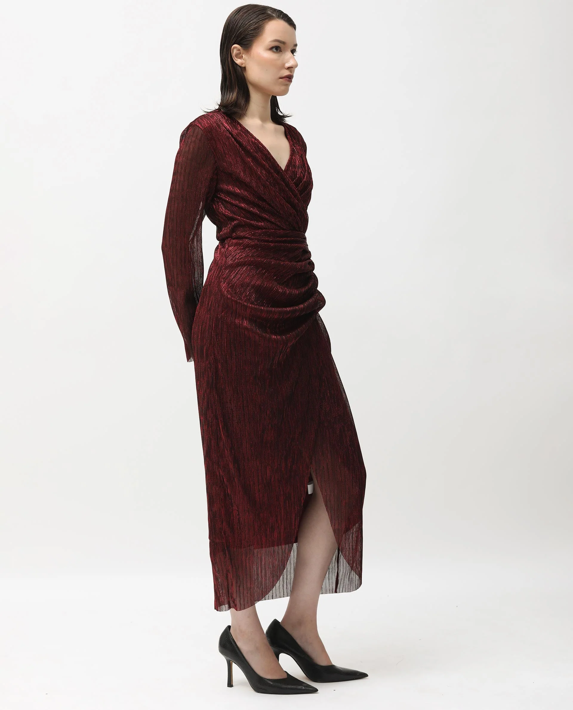 Rareism Women's Siga Metalic Red Polyester Blend Collarless Shimmer Maxi Regular Fit Dress - Image 6