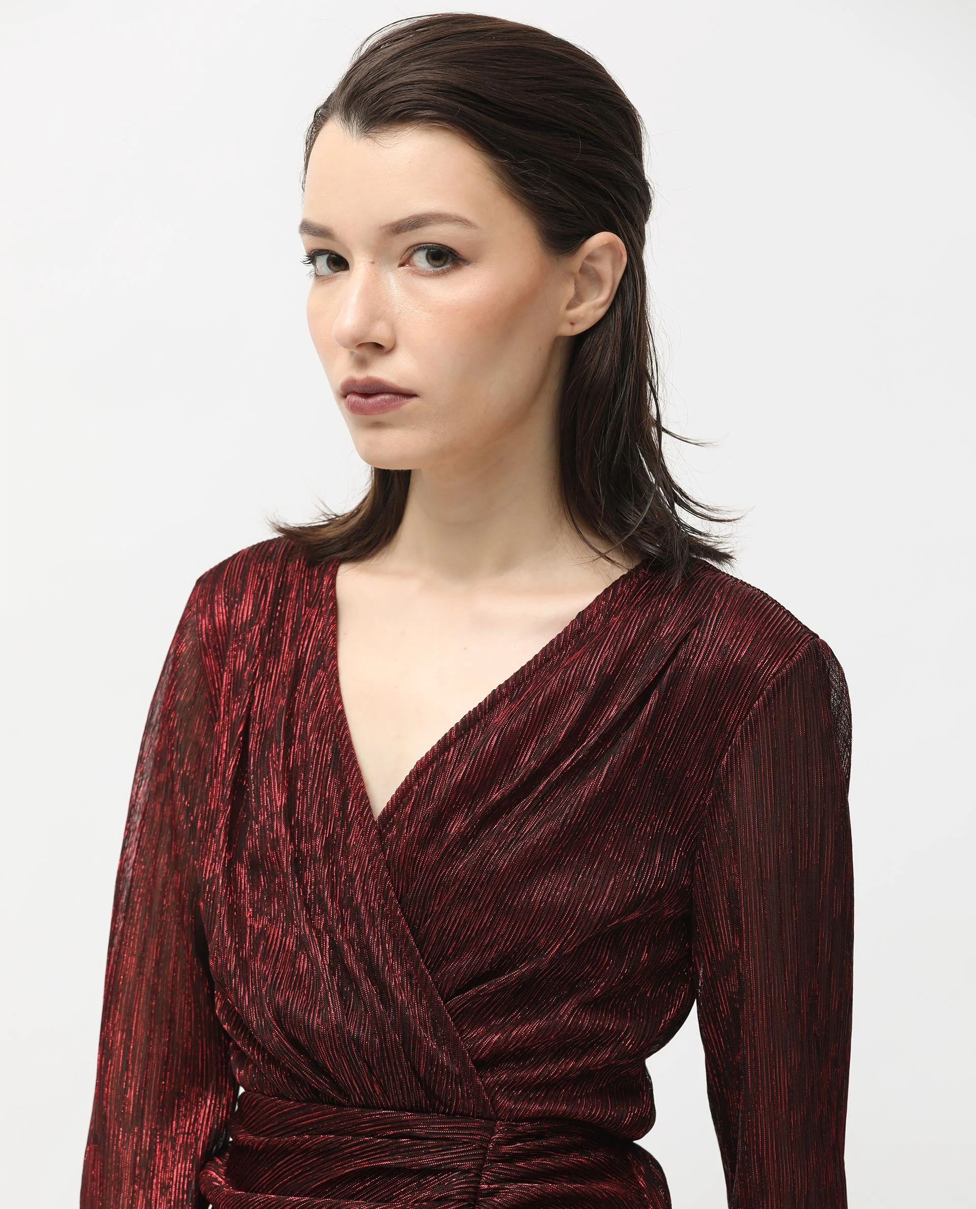 Rareism Women's Siga Metalic Red Polyester Blend Collarless Shimmer Maxi Regular Fit Dress - Image 7