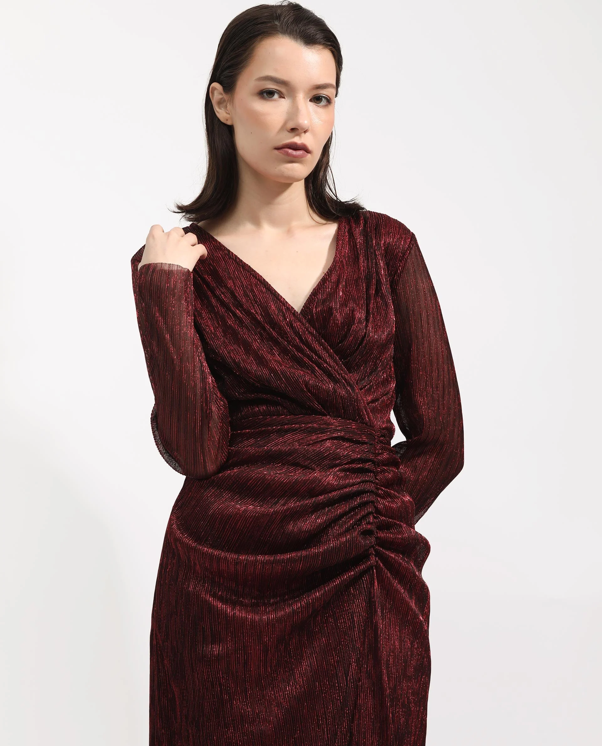Rareism Women's Siga Metalic Red Polyester Blend Collarless Shimmer Maxi Regular Fit Dress - Image 8