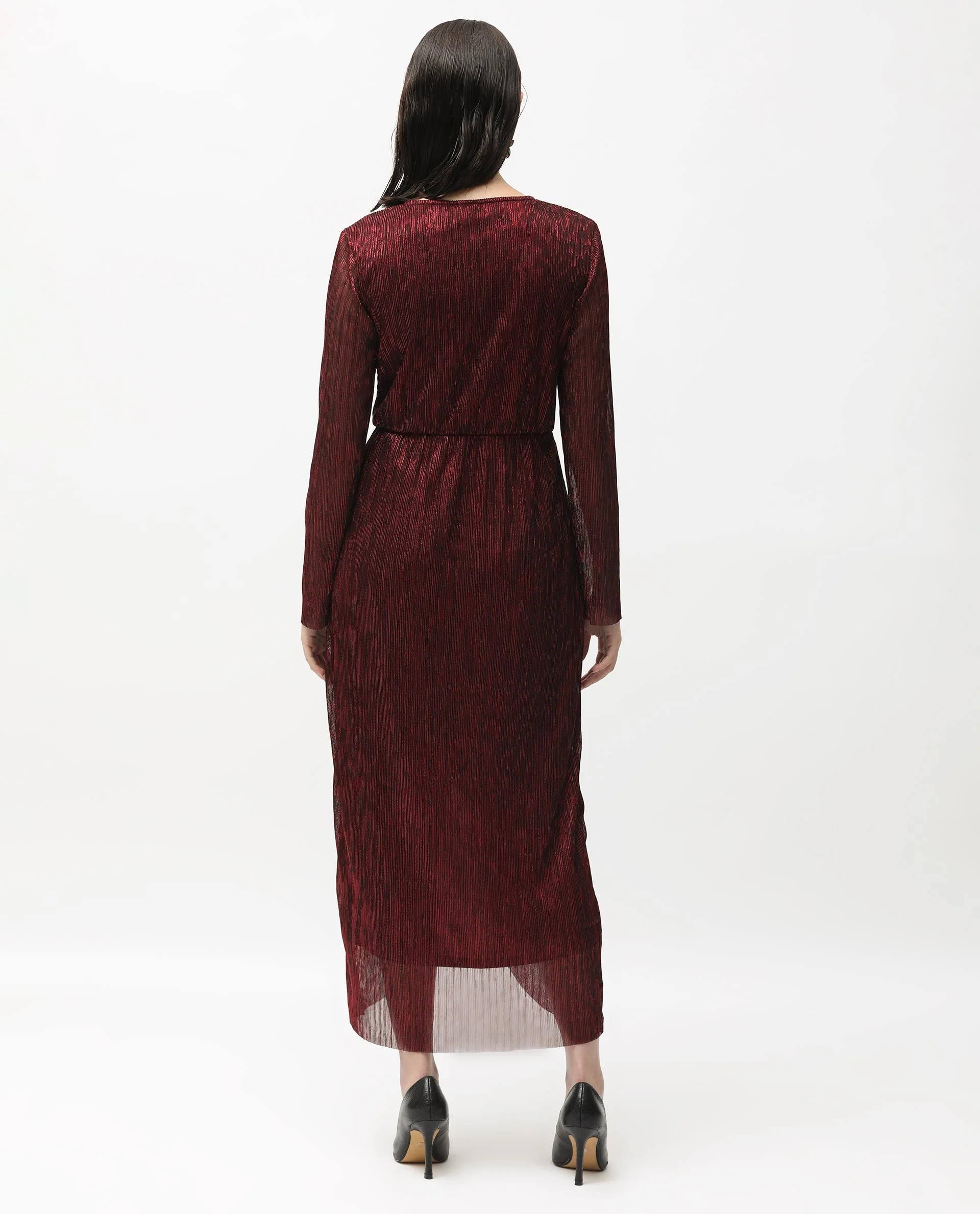 Rareism Women's Siga Metalic Red Polyester Blend Collarless Shimmer Maxi Regular Fit Dress - Image 9