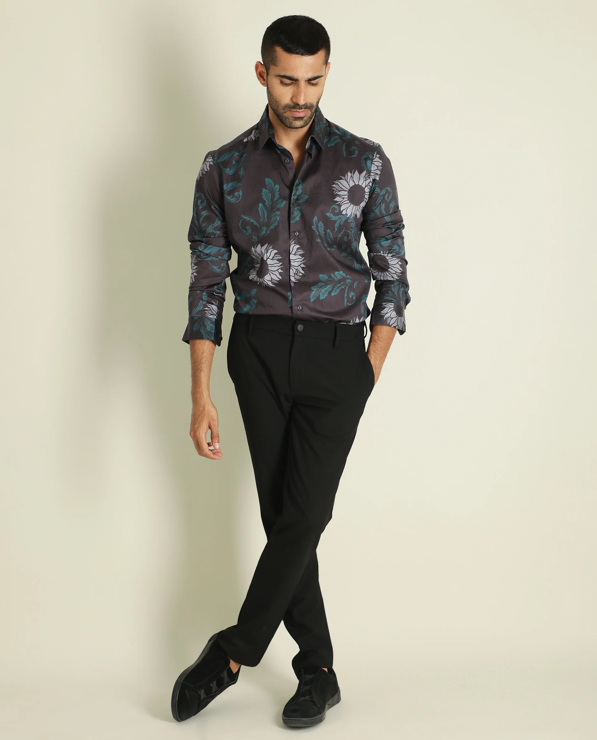 Rare Rabbit Men's Silbon Black Cotton Floral Print Regular Fit Full Sleeve Collared Shirt - Image 2