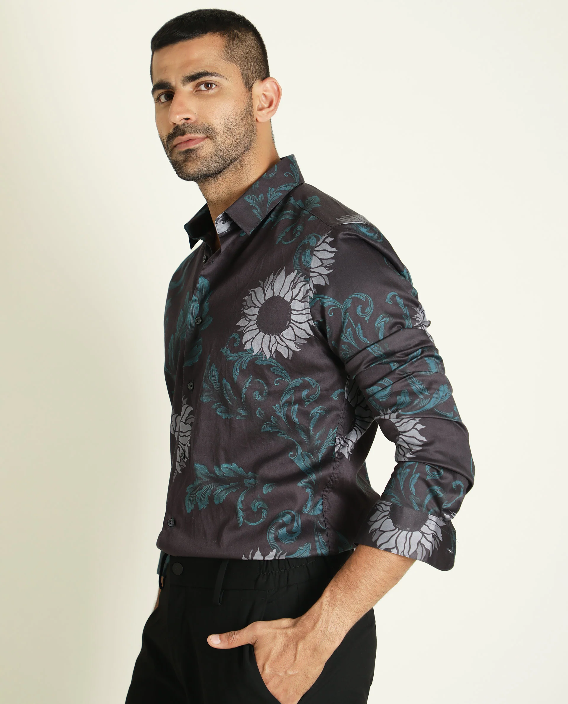 Rare Rabbit Men's Silbon Black Cotton Floral Print Regular Fit Full Sleeve Collared Shirt - Image 3