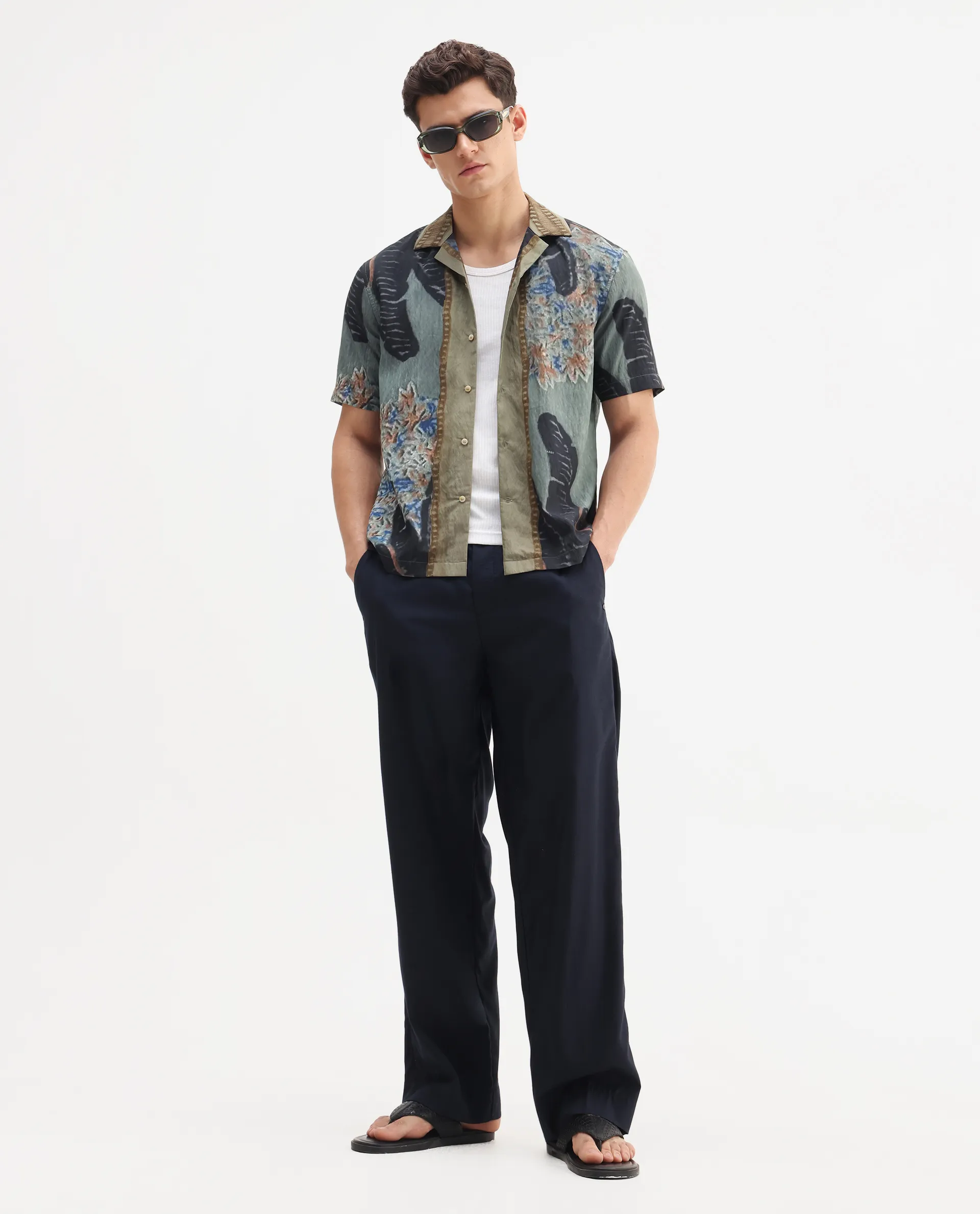 Rare Rabbit Men's Silk Dusky Green Viscose Blend Tropical Print Relaxed Fit Half Sleeve Cuban Collar Shirt - Image 2