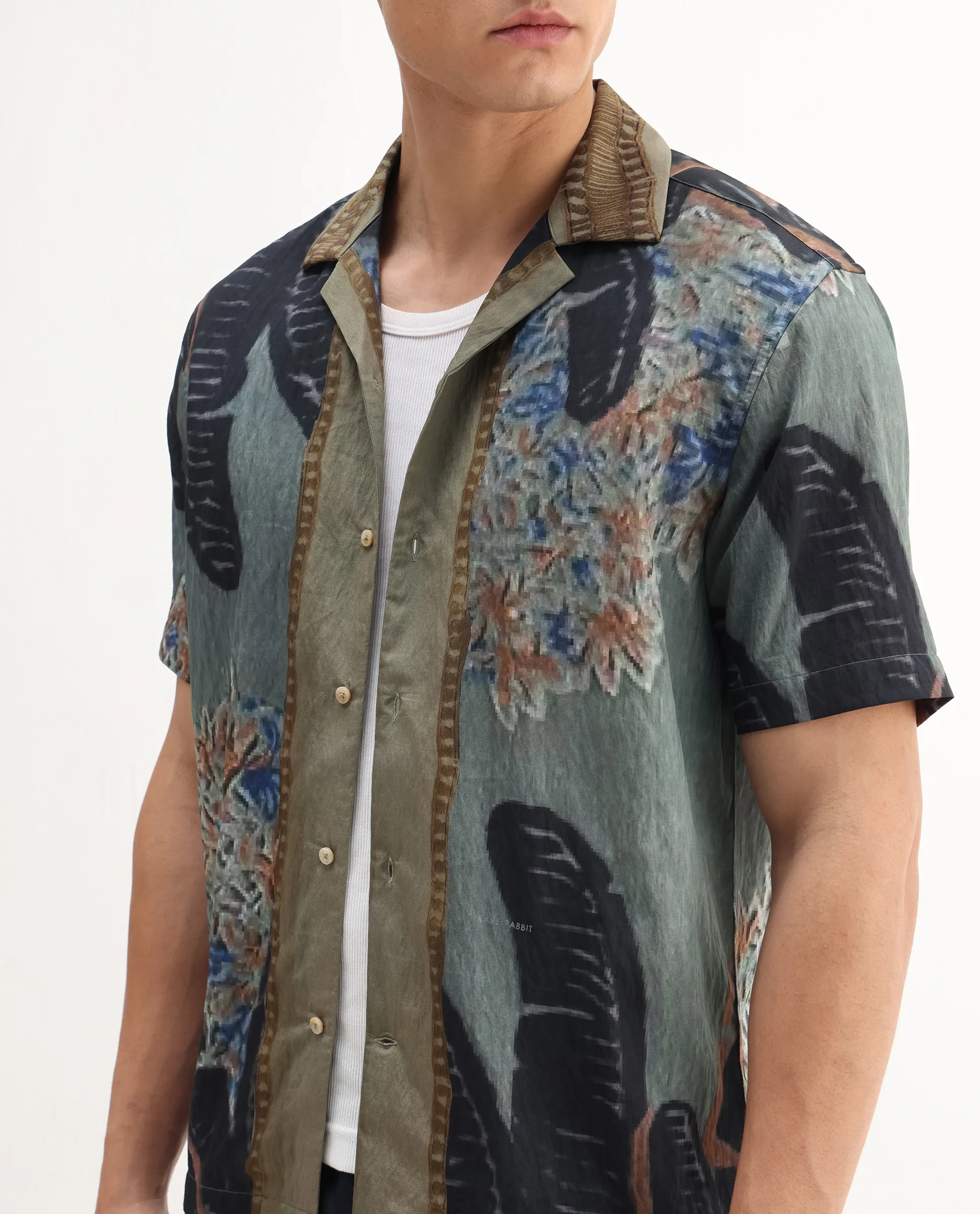 Rare Rabbit Men's Silk Dusky Green Viscose Blend Tropical Print Relaxed Fit Half Sleeve Cuban Collar Shirt - Image 3