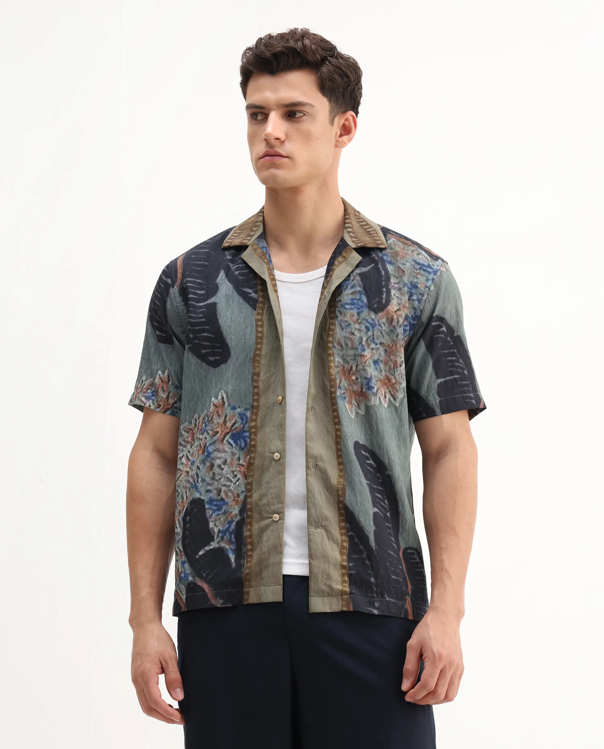 Rare Rabbit Men's Silk Dusky Green Viscose Blend Tropical Print Relaxed Fit Half Sleeve Cuban Collar Shirt - Image 4