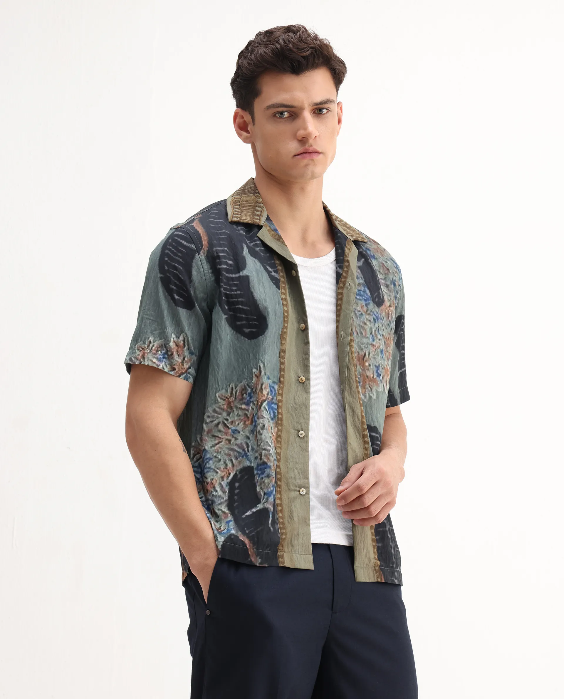 Rare Rabbit Men's Silk Dusky Green Viscose Blend Tropical Print Relaxed Fit Half Sleeve Cuban Collar Shirt - Image 5