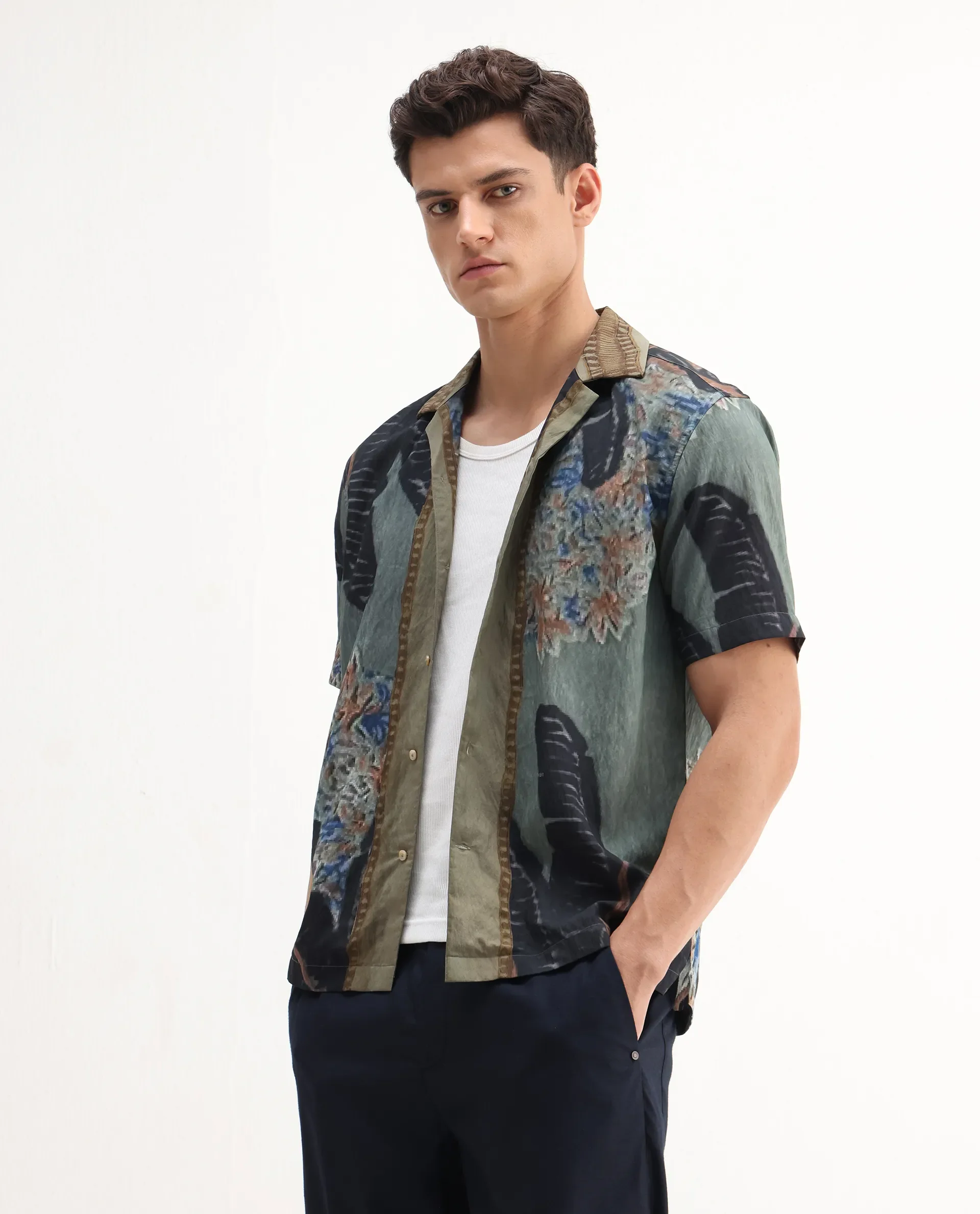 Rare Rabbit Men's Silk Dusky Green Viscose Blend Tropical Print Relaxed Fit Half Sleeve Cuban Collar Shirt - Image 6