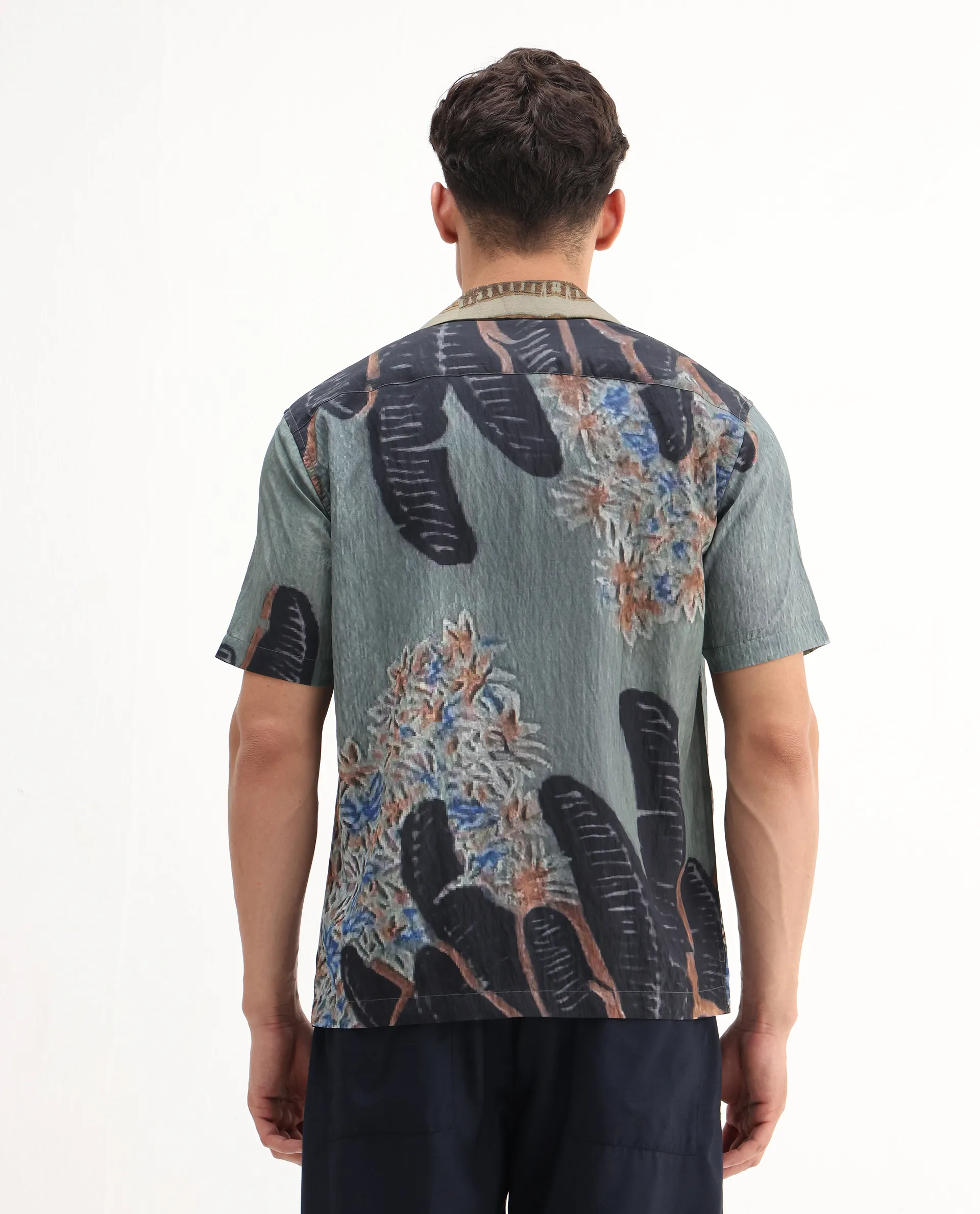 Rare Rabbit Men's Silk Dusky Green Viscose Blend Tropical Print Relaxed Fit Half Sleeve Cuban Collar Shirt - Image 7