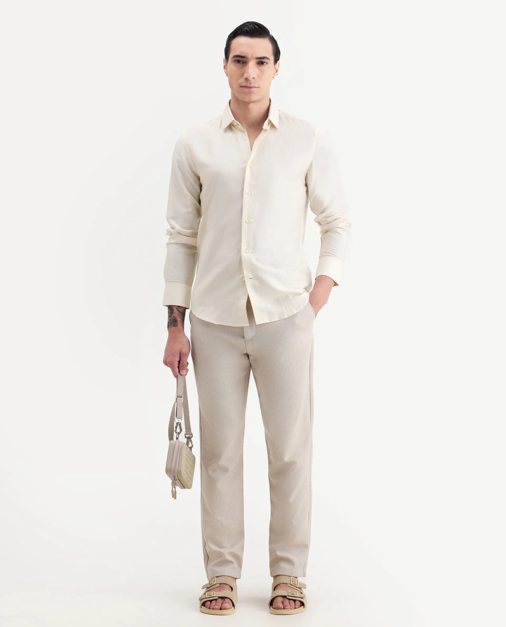 Rare Rabbit Men's Silken Pastel Yellow Linen Blend Plain Regular Fit Full Sleeve Collared Shirt - Image 2