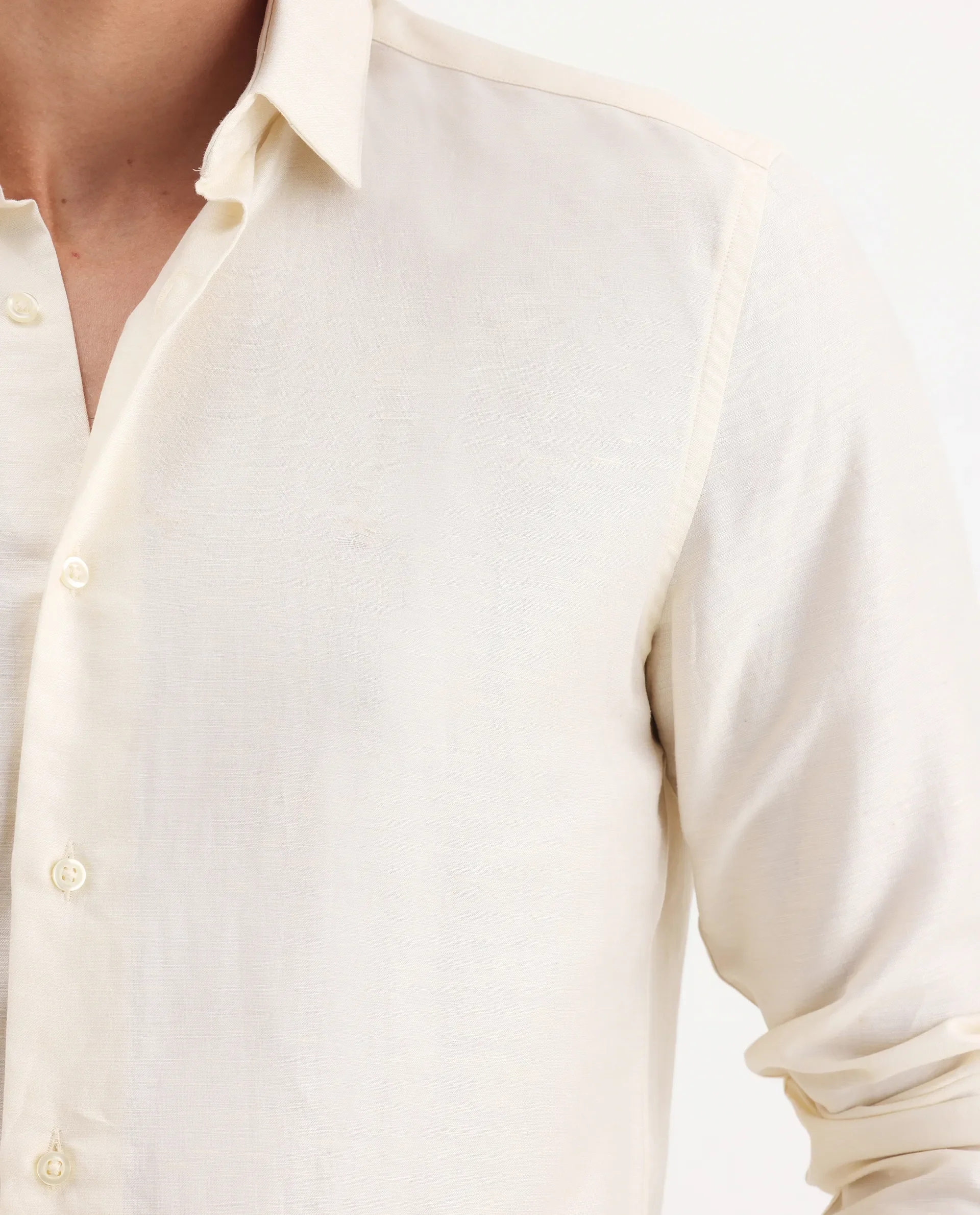 Rare Rabbit Men's Silken Pastel Yellow Linen Blend Plain Regular Fit Full Sleeve Collared Shirt - Image 3