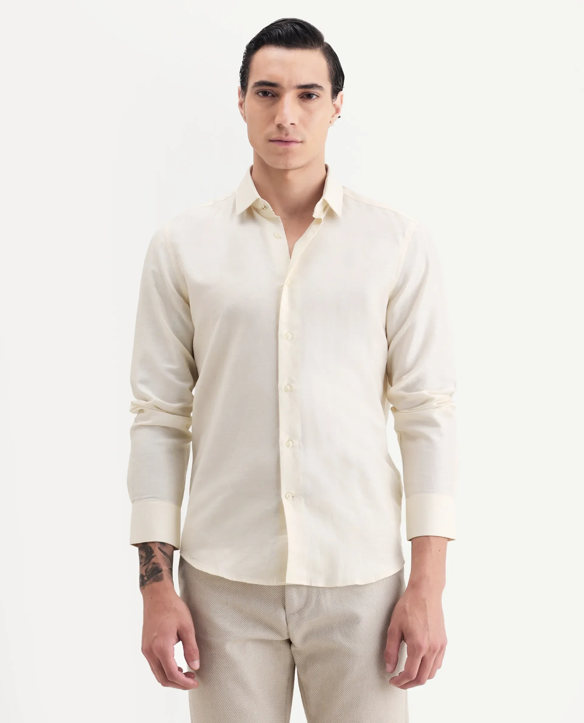 Rare Rabbit Men's Silken Pastel Yellow Linen Blend Plain Regular Fit Full Sleeve Collared Shirt - Image 4