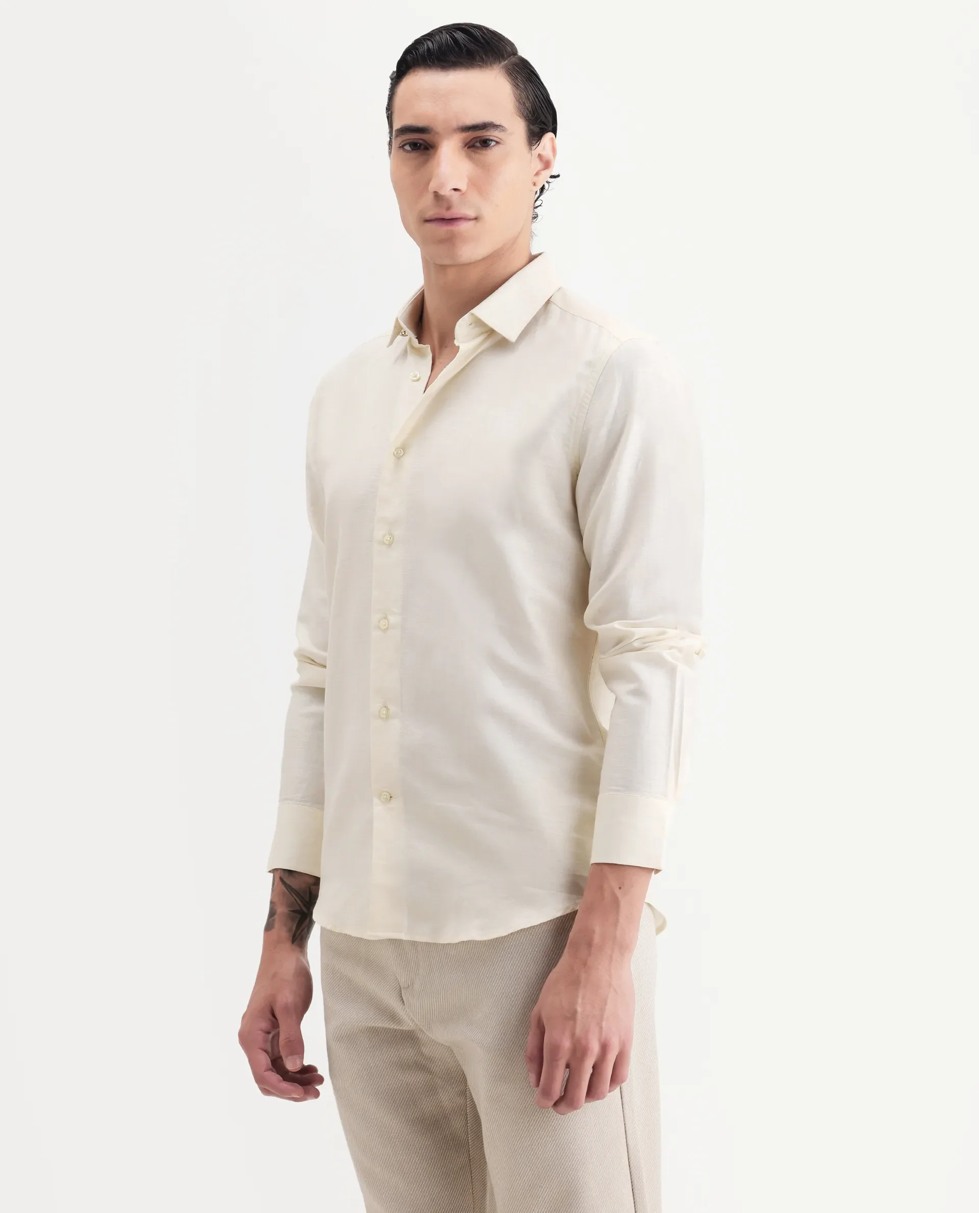 Rare Rabbit Men's Silken Pastel Yellow Linen Blend Plain Regular Fit Full Sleeve Collared Shirt - Image 5
