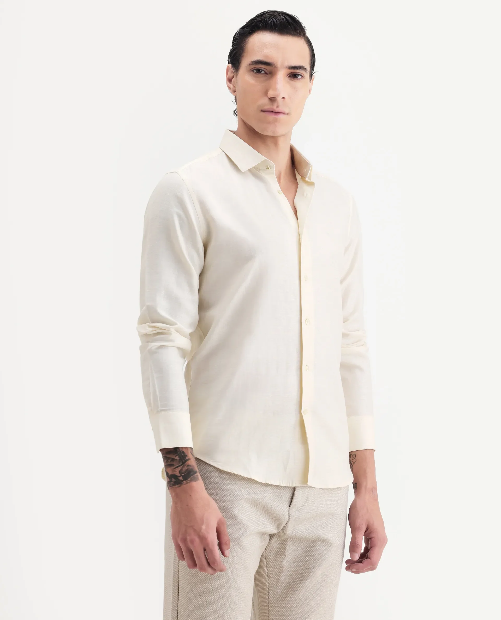 Rare Rabbit Men's Silken Pastel Yellow Linen Blend Plain Regular Fit Full Sleeve Collared Shirt - Image 6