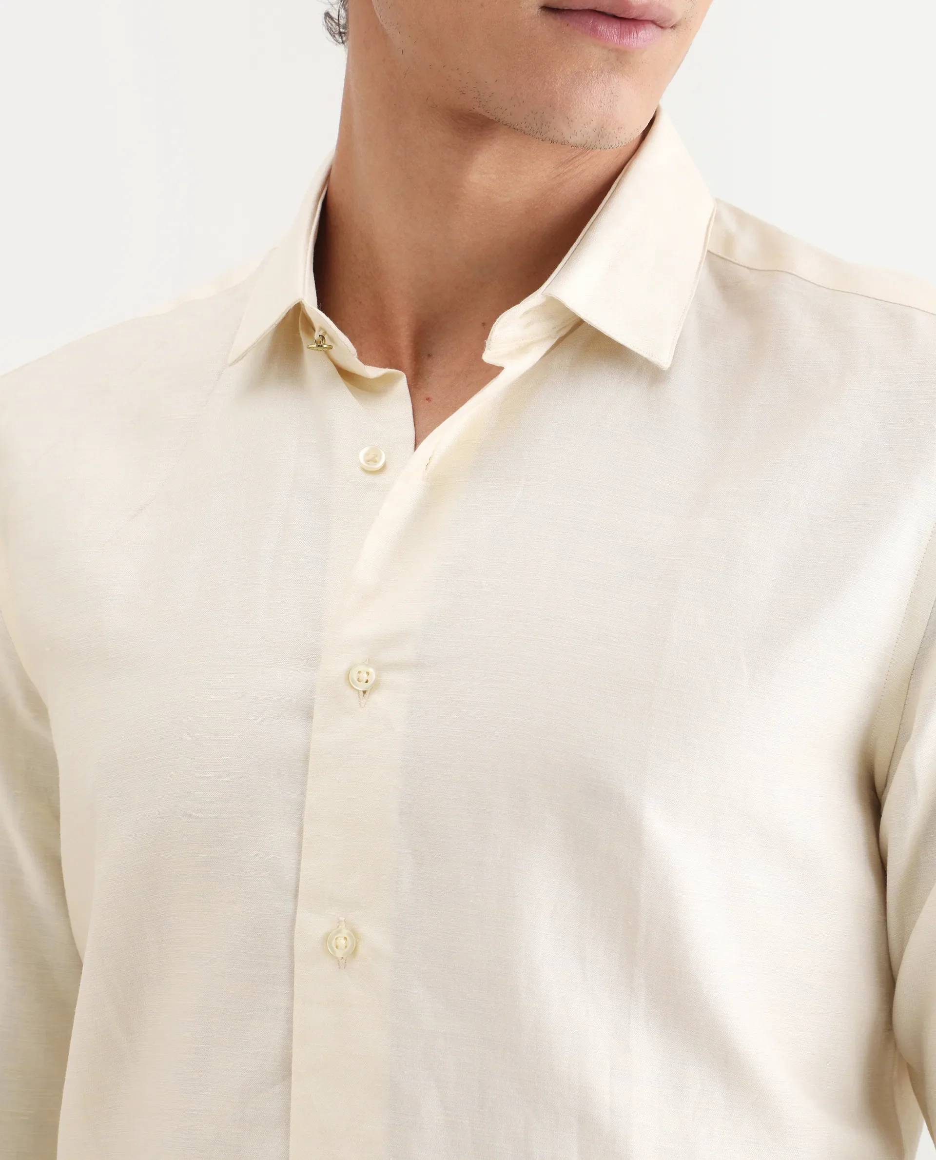 Rare Rabbit Men's Silken Pastel Yellow Linen Blend Plain Regular Fit Full Sleeve Collared Shirt - Image 7