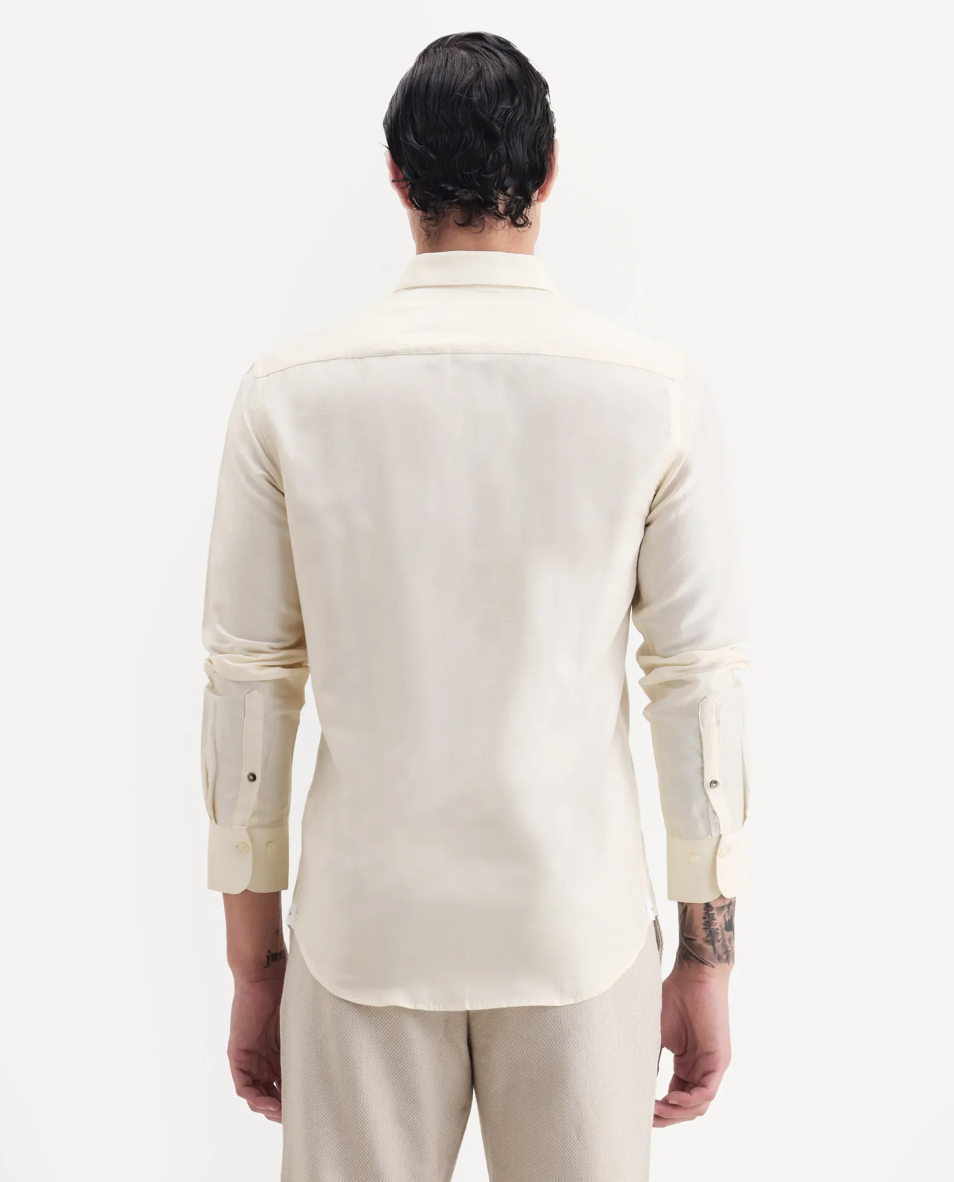 Rare Rabbit Men's Silken Pastel Yellow Linen Blend Plain Regular Fit Full Sleeve Collared Shirt - Image 8