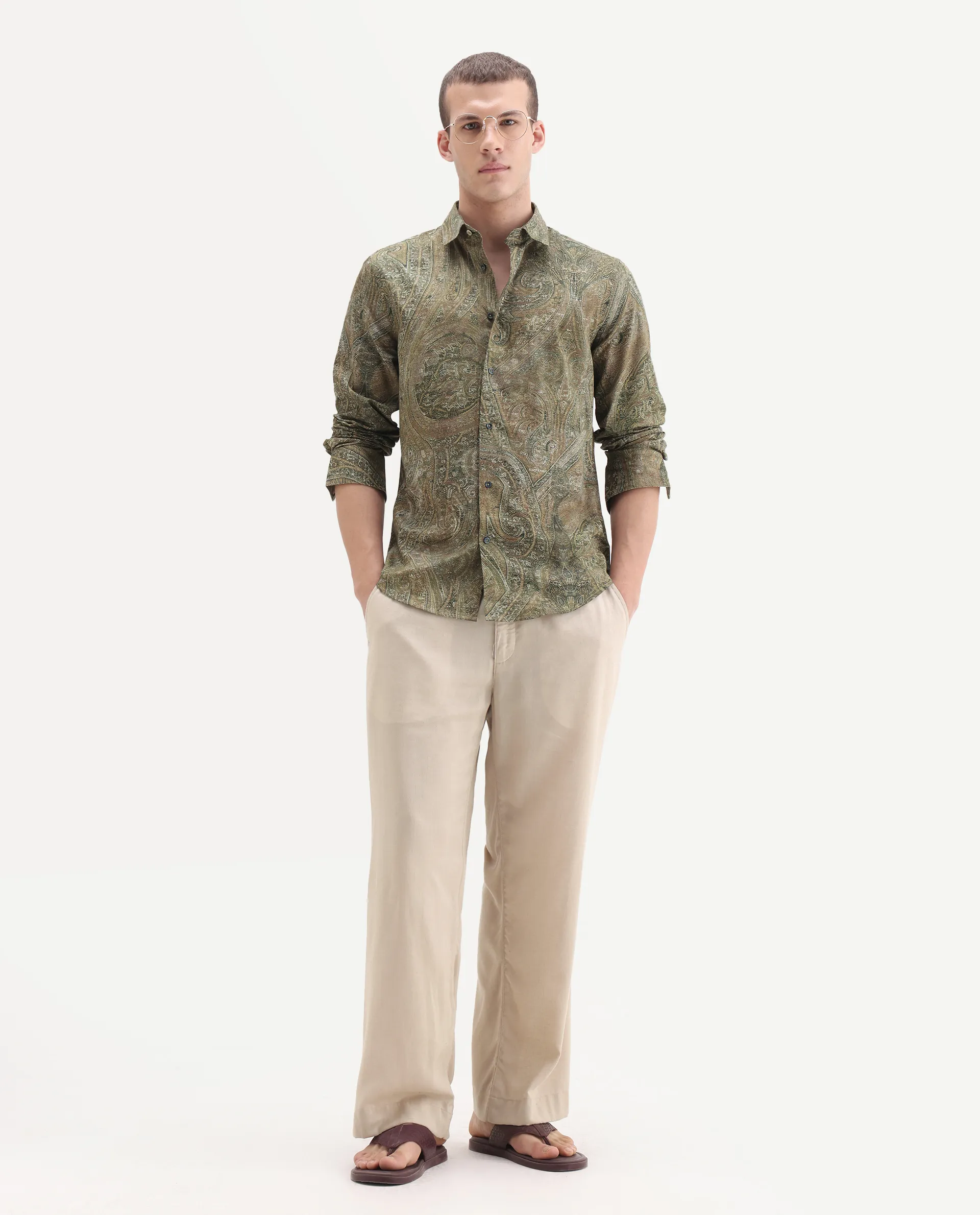 Rare Rabbit Men's Silko Olive Cotton Paisley Print Regular Fit Full Sleeve Collared Shirt - Image 2