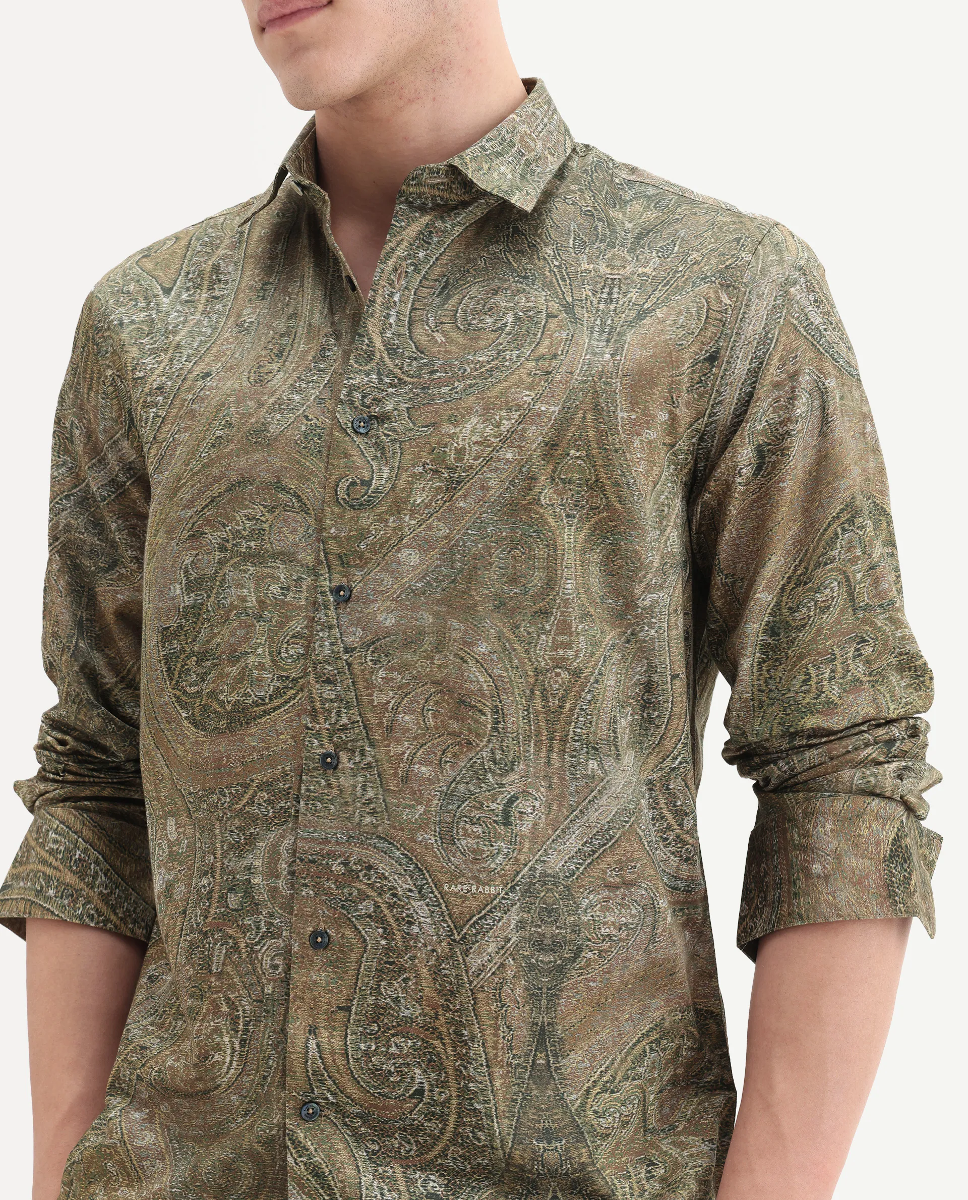 Rare Rabbit Men's Silko Olive Cotton Paisley Print Regular Fit Full Sleeve Collared Shirt - Image 3