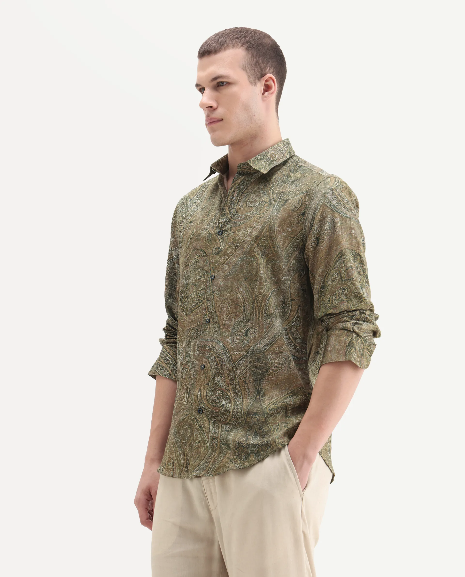 Rare Rabbit Men's Silko Olive Cotton Paisley Print Regular Fit Full Sleeve Collared Shirt - Image 4
