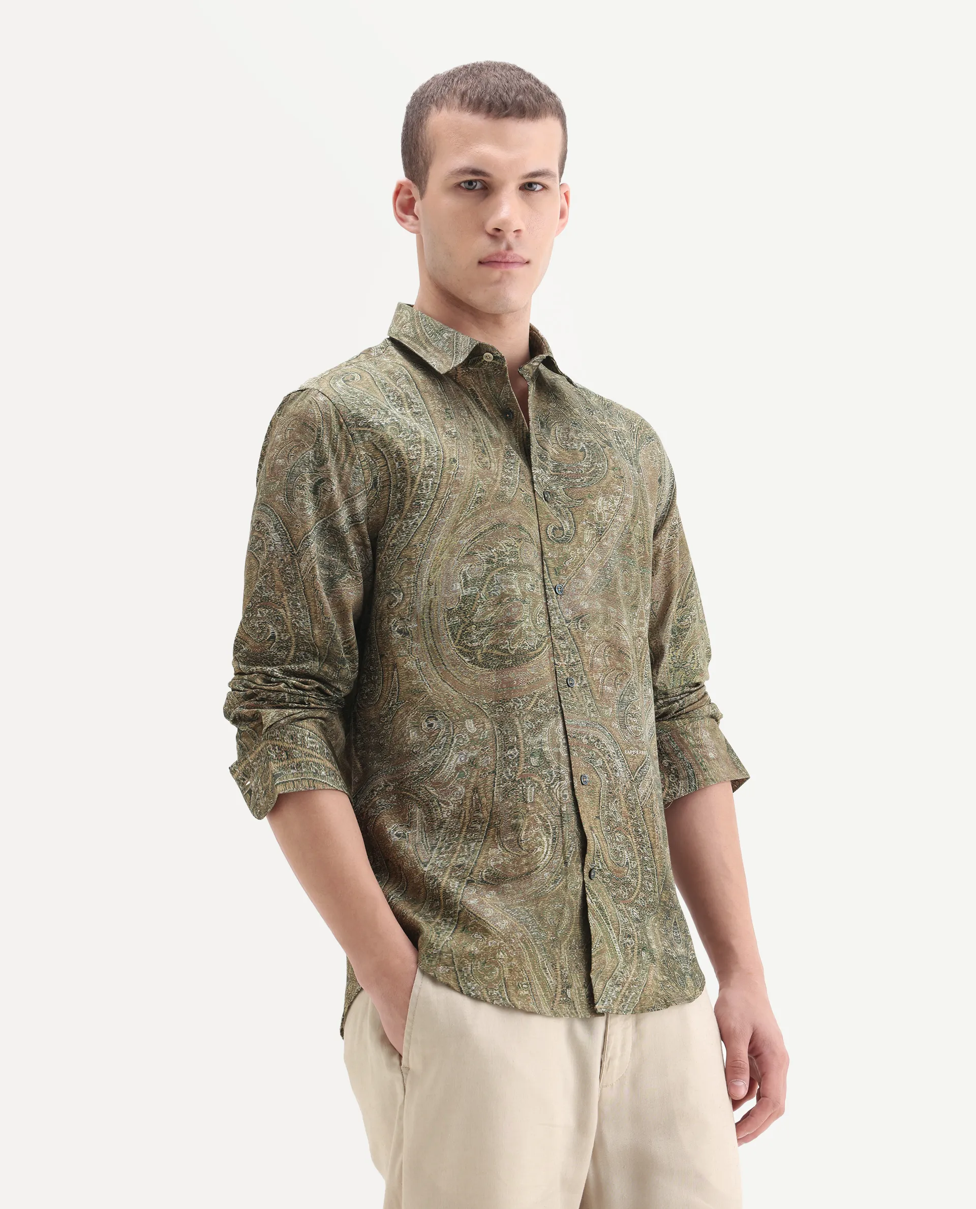 Rare Rabbit Men's Silko Olive Cotton Paisley Print Regular Fit Full Sleeve Collared Shirt - Image 5