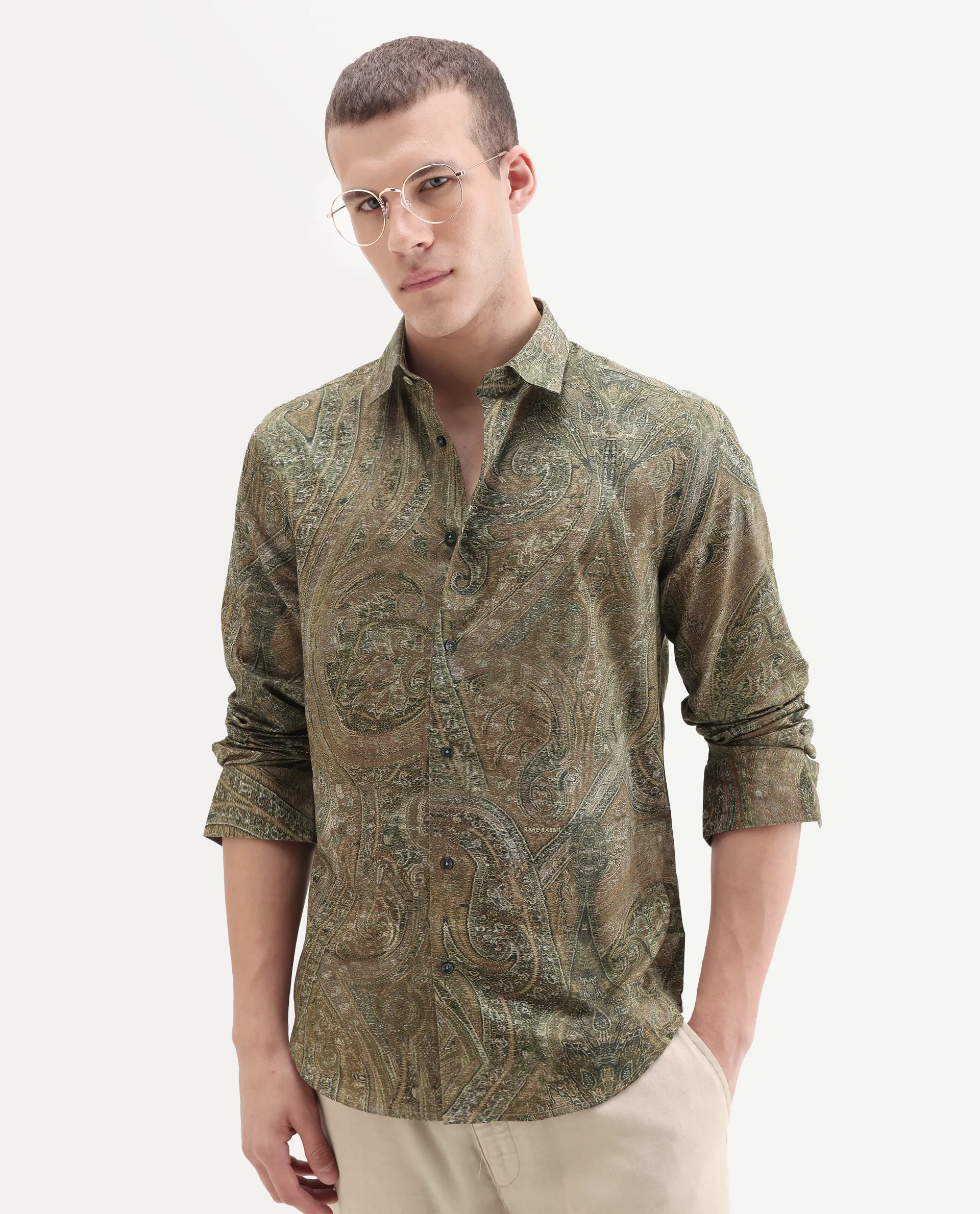 Rare Rabbit Men's Silko Olive Cotton Paisley Print Regular Fit Full Sleeve Collared Shirt - Image 6