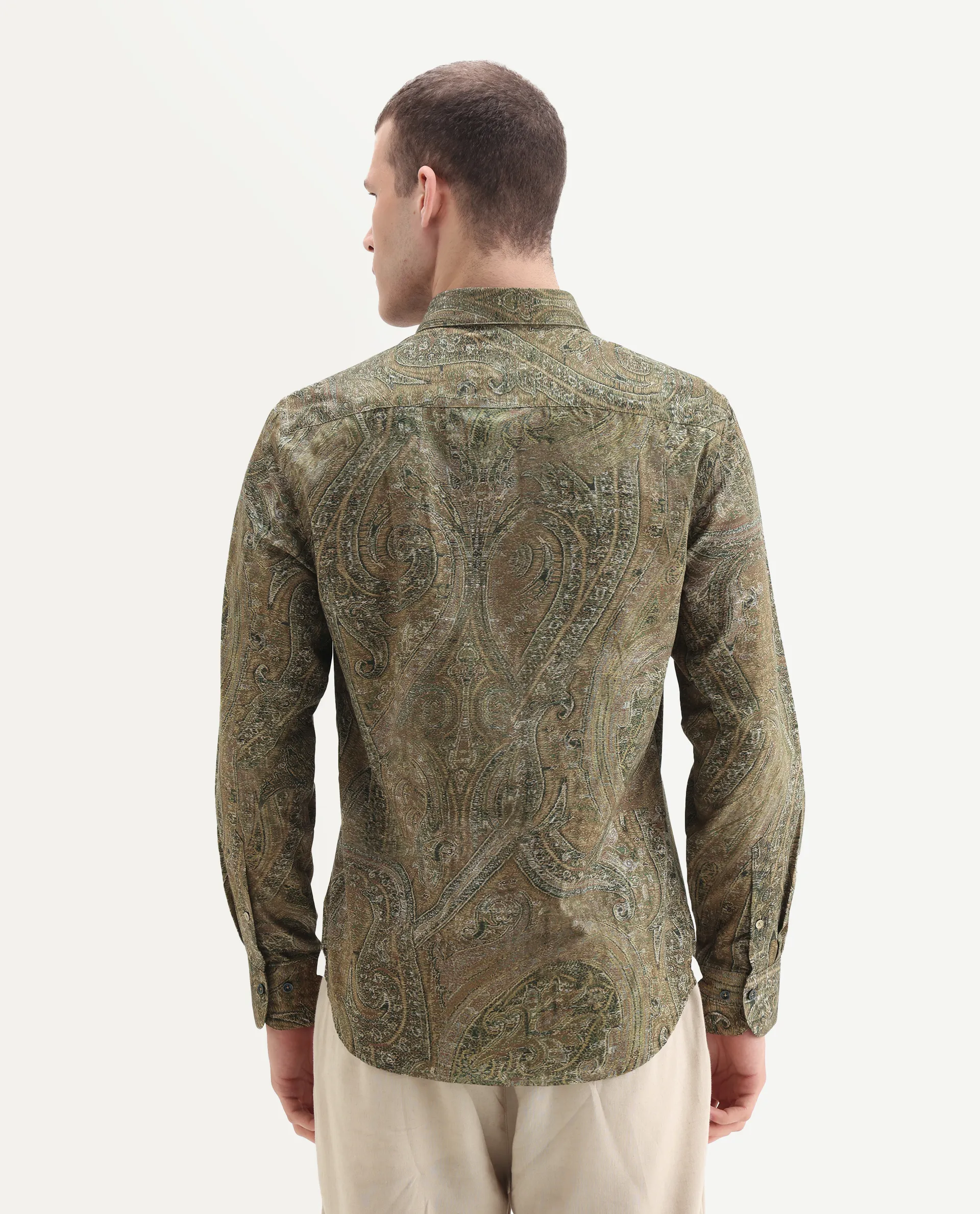 Rare Rabbit Men's Silko Olive Cotton Paisley Print Regular Fit Full Sleeve Collared Shirt - Image 7