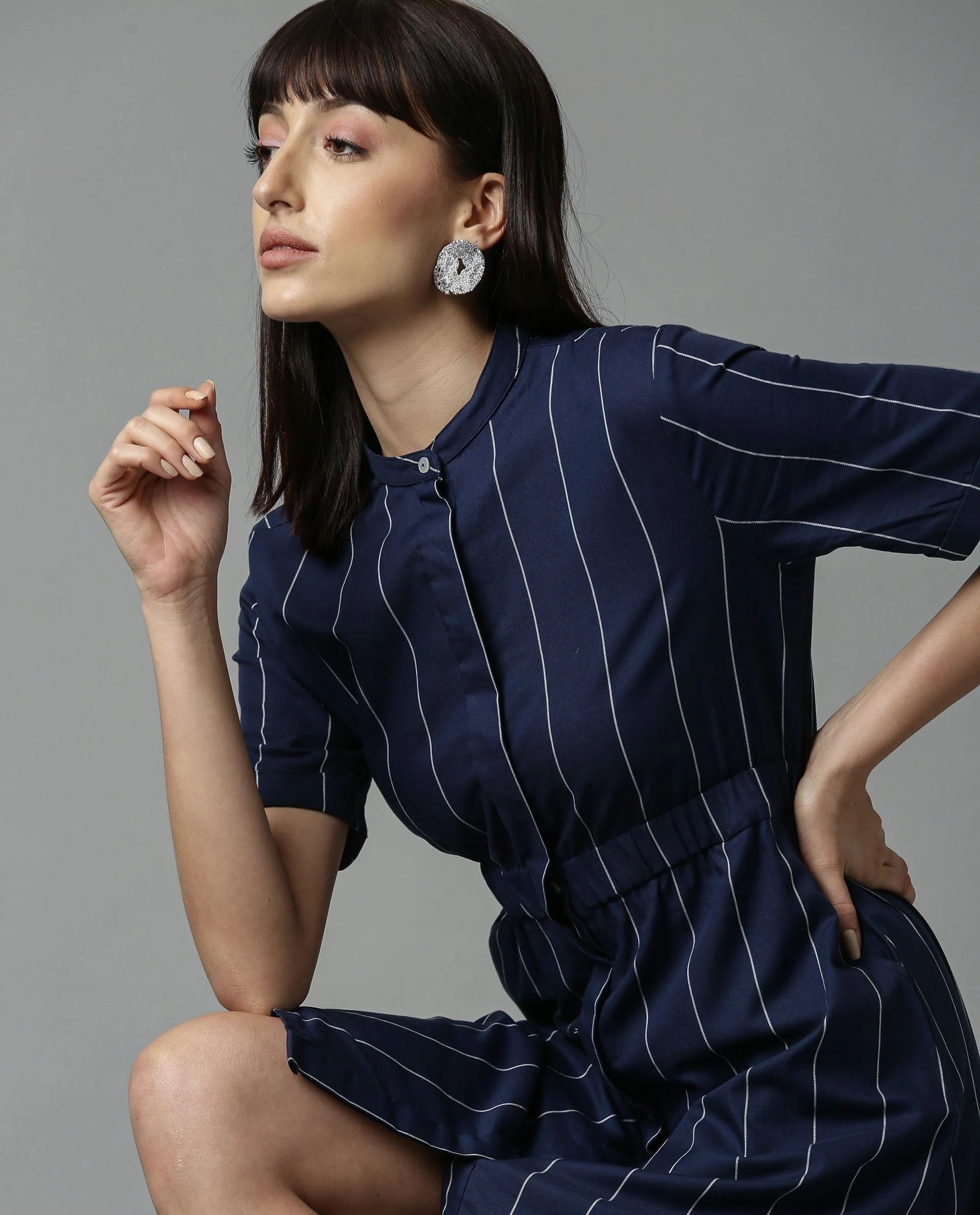 Rareism Women Silva Navy Dress Short Sleeves Stripe