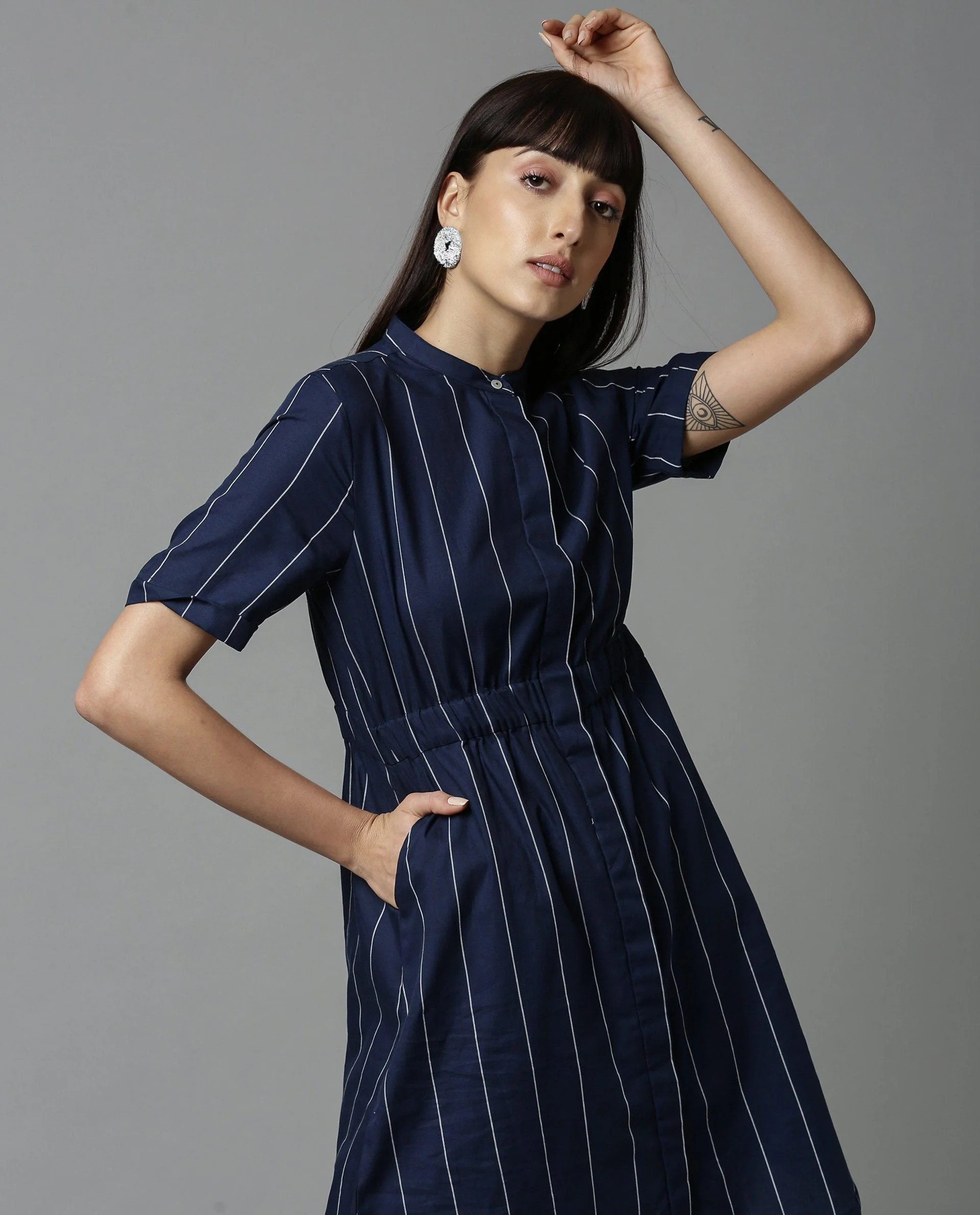 Rareism Women Silva Navy Dress Short Sleeves Stripe - Image 3