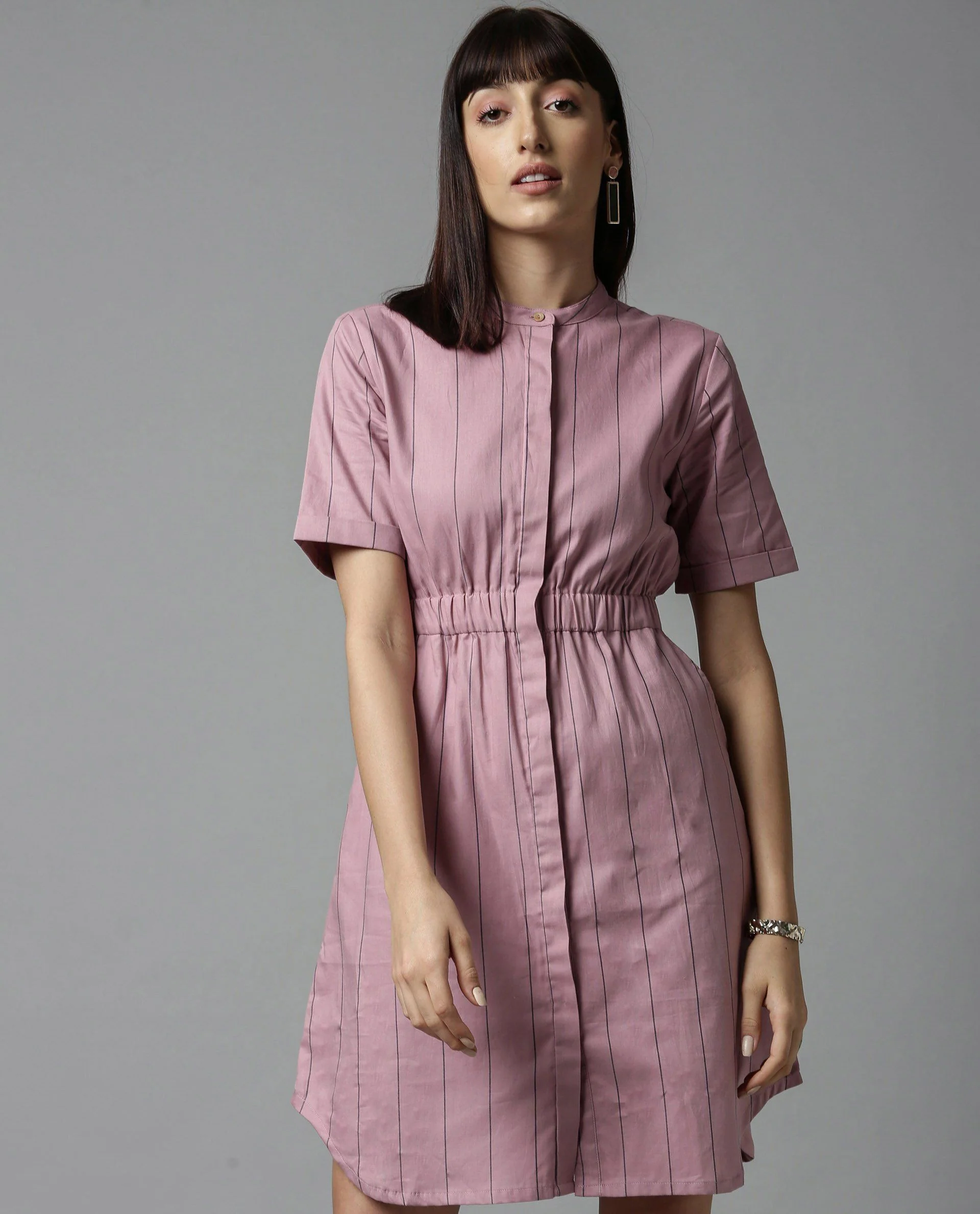 Rareism Women Silva Pink Dress Short Sleeves Stripe