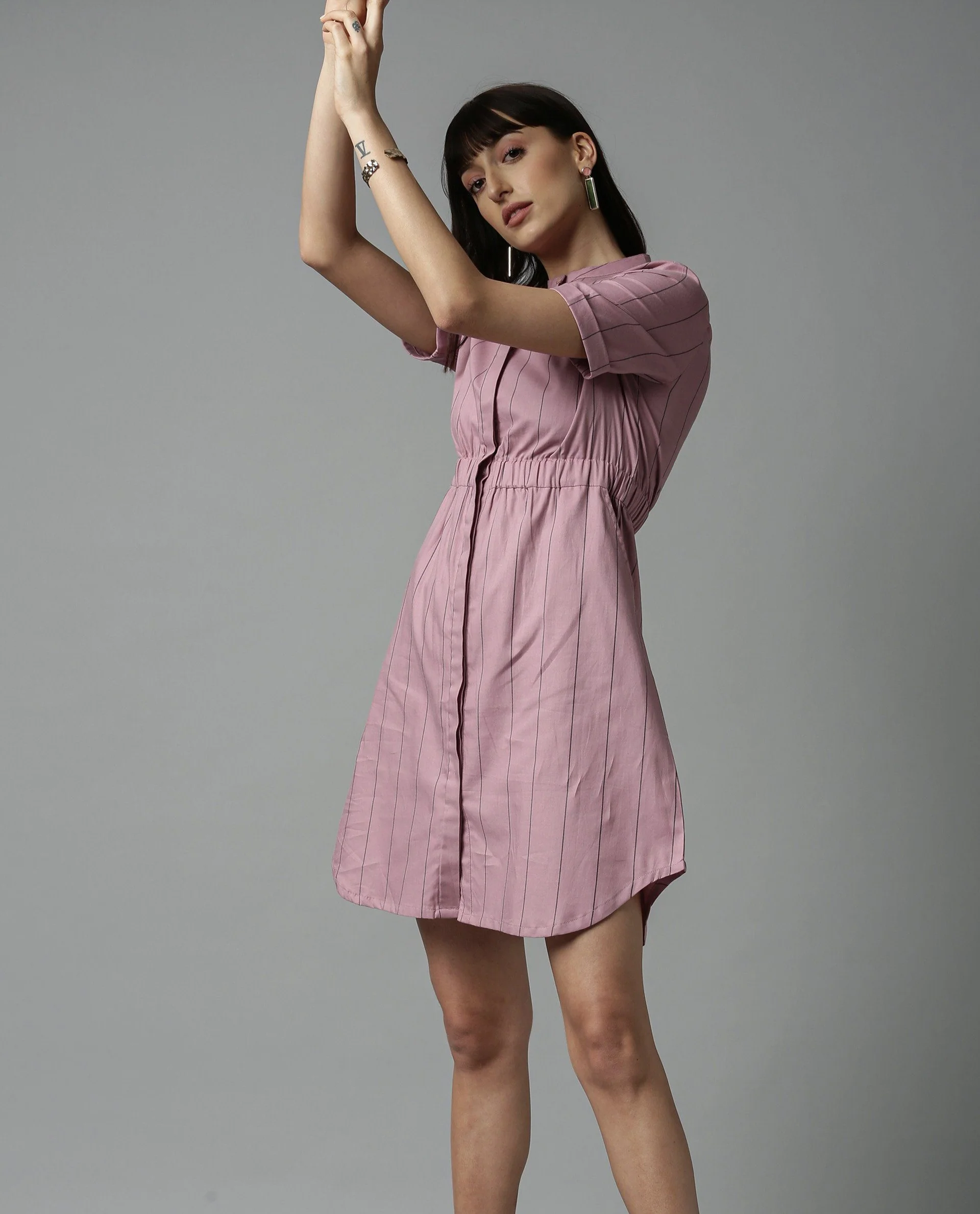 Rareism Women Silva Pink Dress Short Sleeves Stripe - Image 3