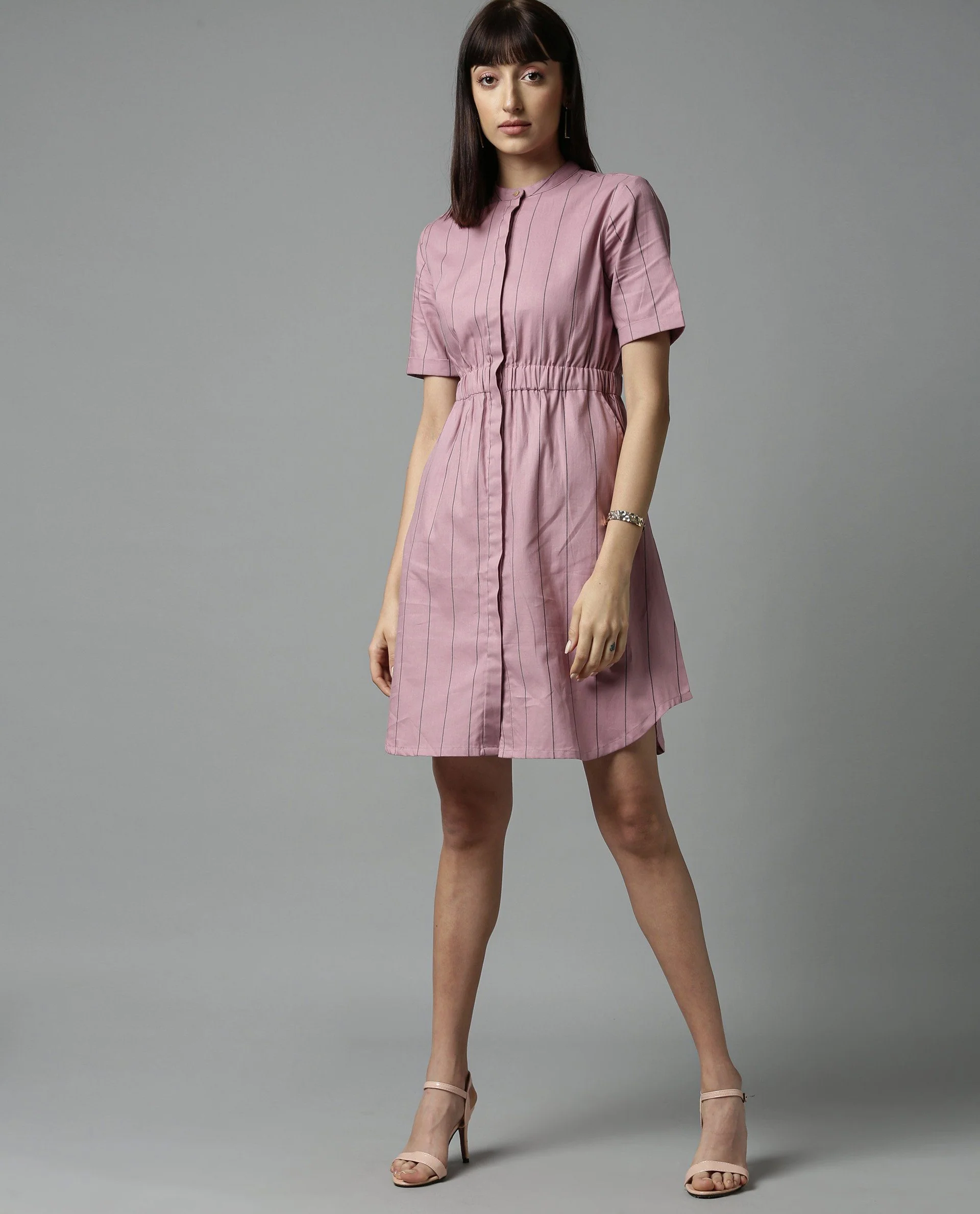 Rareism Women Silva Pink Dress Short Sleeves Stripe - Image 4