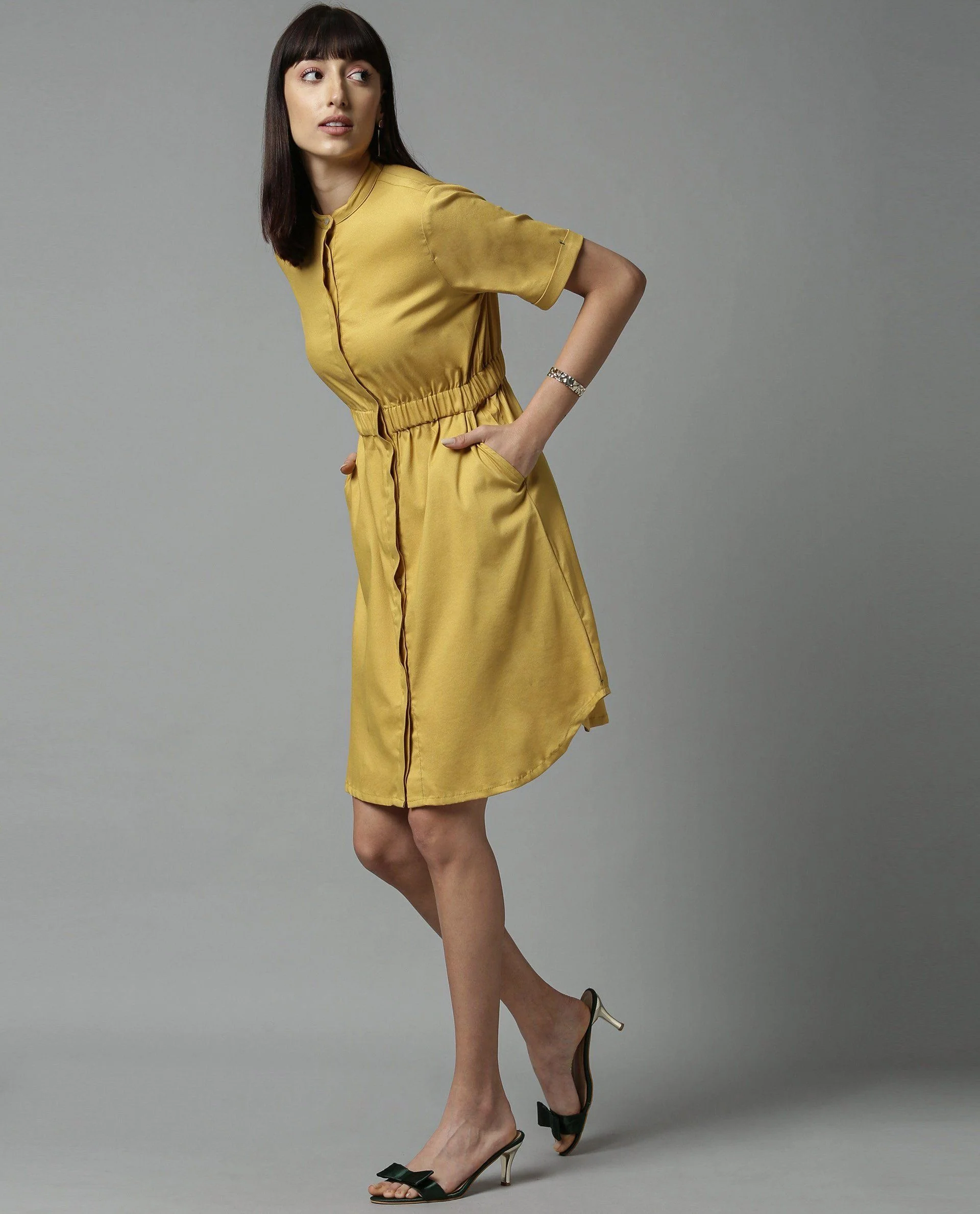 Rareism Women Silva Yellow Dress Short Sleeves Solid