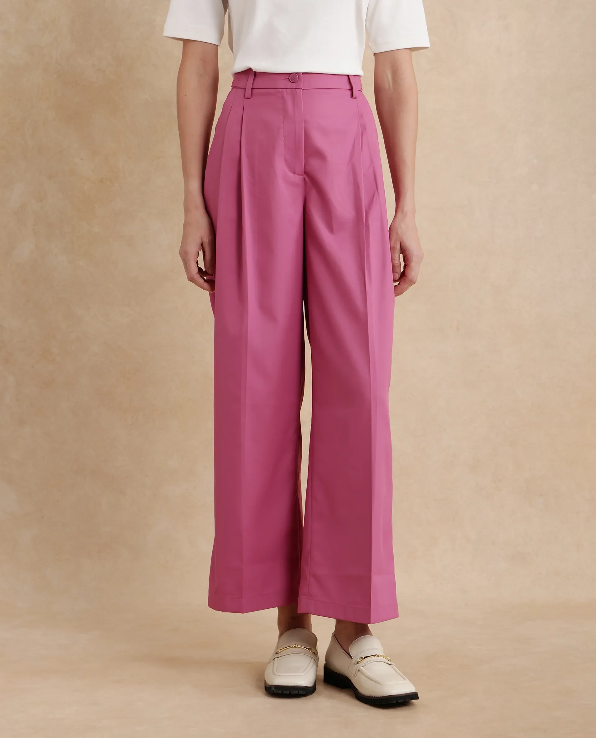 Rareism Women's Simany Pink Polyester Blend Plain Ankle Length Wide Trouser - Image 2