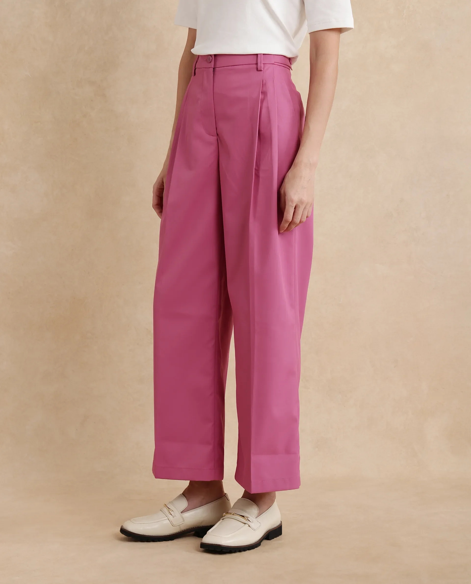 Rareism Women's Simany Pink Polyester Blend Plain Ankle Length Wide Trouser - Image 5