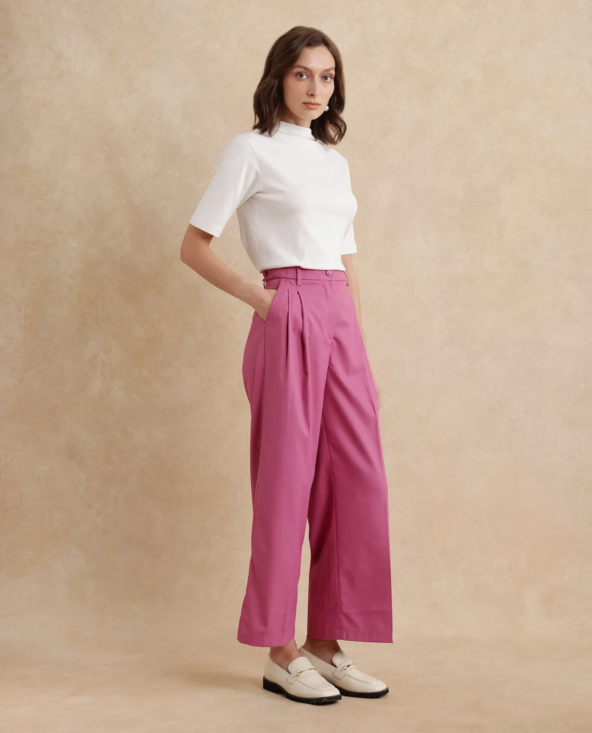 Rareism Women's Simany Pink Polyester Blend Plain Ankle Length Wide Trouser - Image 7