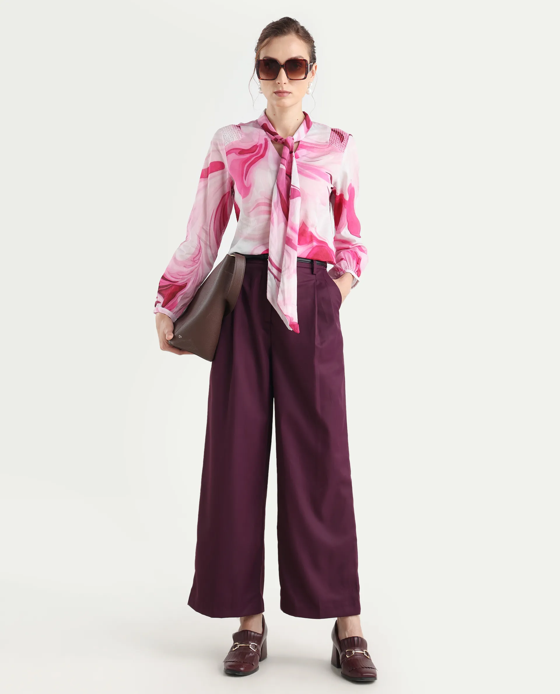 Rareism Women's Simany Purple Polyester Blend Dyed Ankle Length Wide Trouser