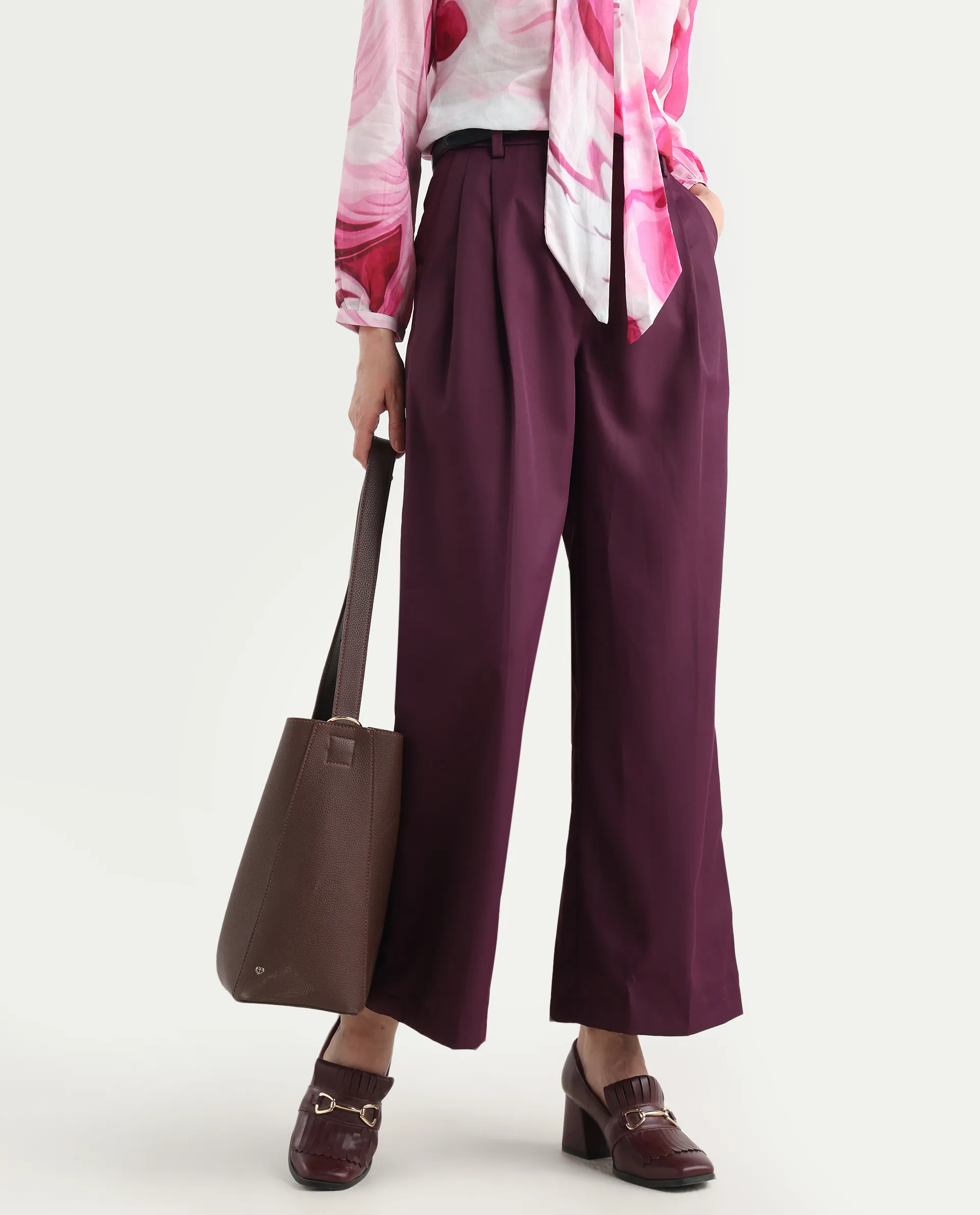 Rareism Women's Simany Purple Polyester Blend Dyed Ankle Length Wide Trouser - Image 2
