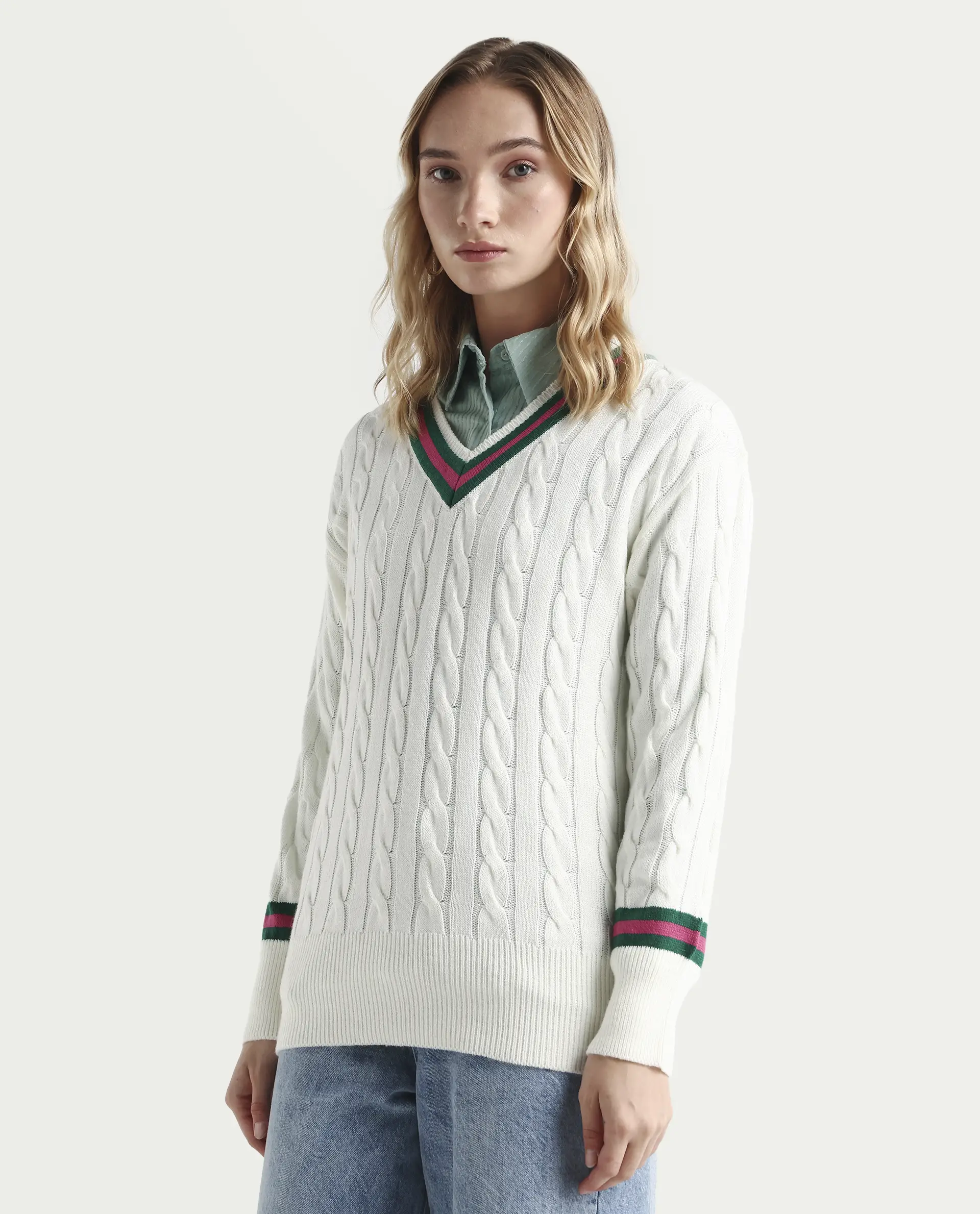 Rareism Women's Simaya Off White Acrylic V-Neck Plain Regular Fit Sweater - Image 5
