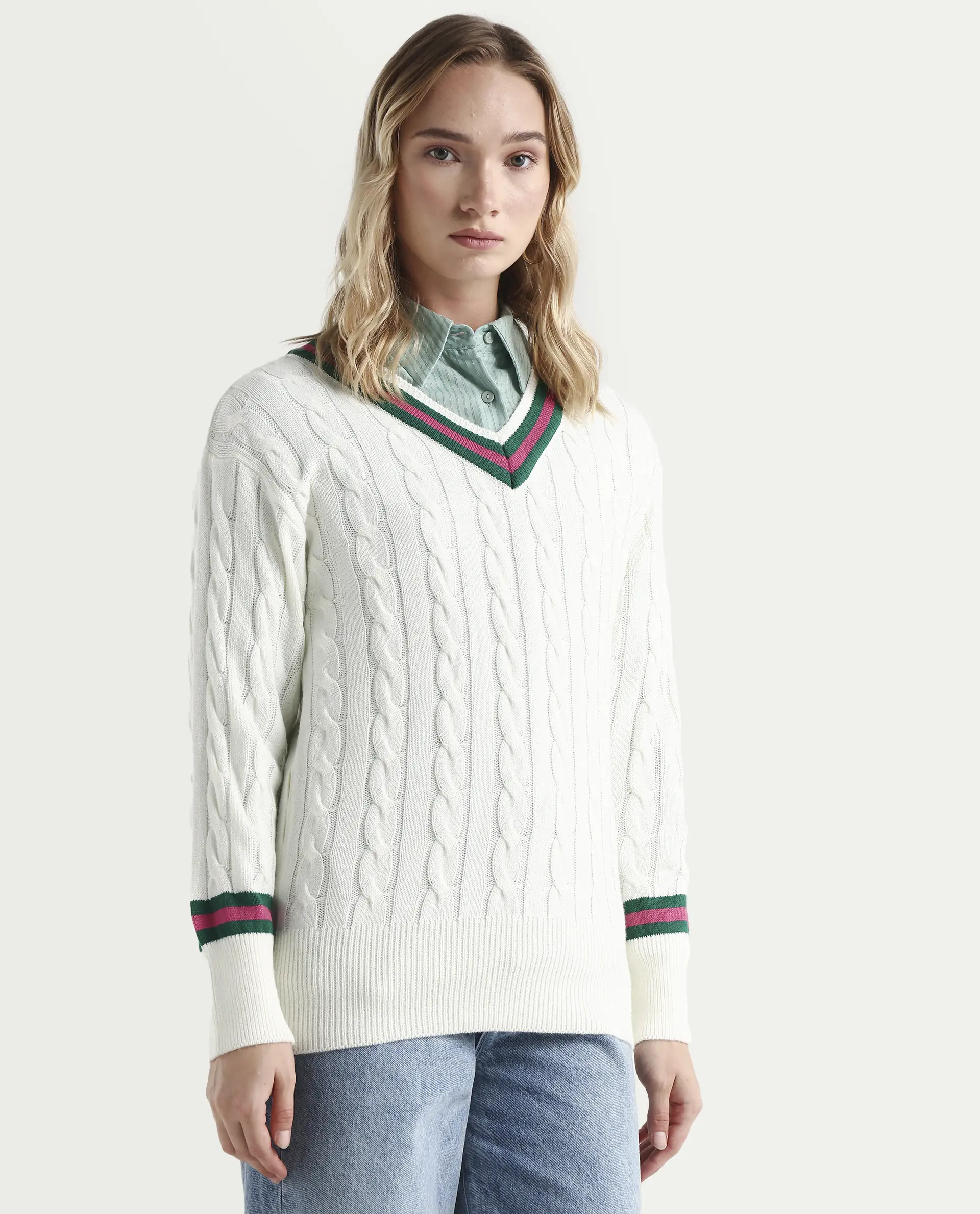 Rareism Women's Simaya Off White Acrylic V-Neck Plain Regular Fit Sweater - Image 6