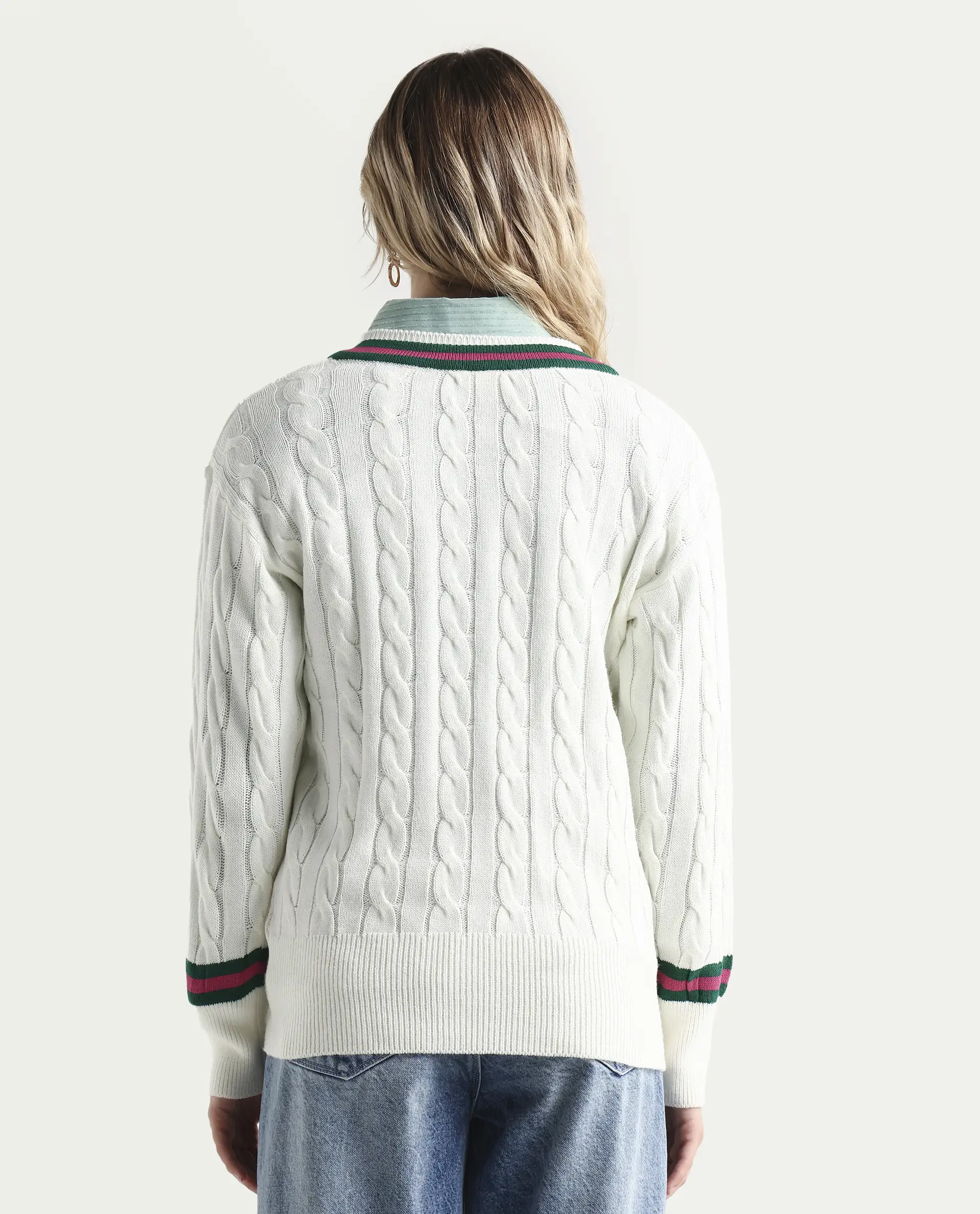 Rareism Women's Simaya Off White Acrylic V-Neck Plain Regular Fit Sweater - Image 7