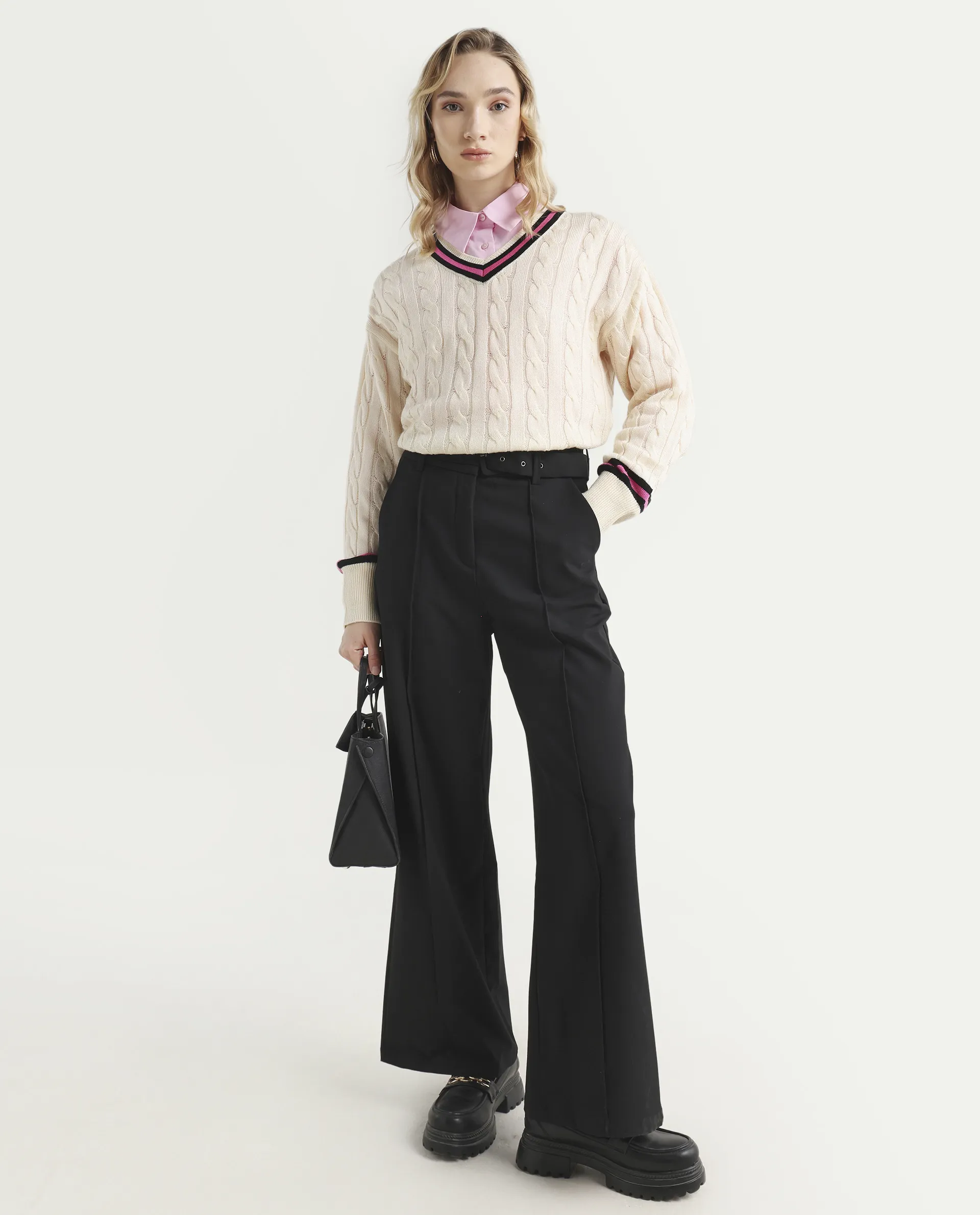 Rareism Women's Simayan Off White Cotton V-Neck Relaxed Fit Plain Sweater - Image 2