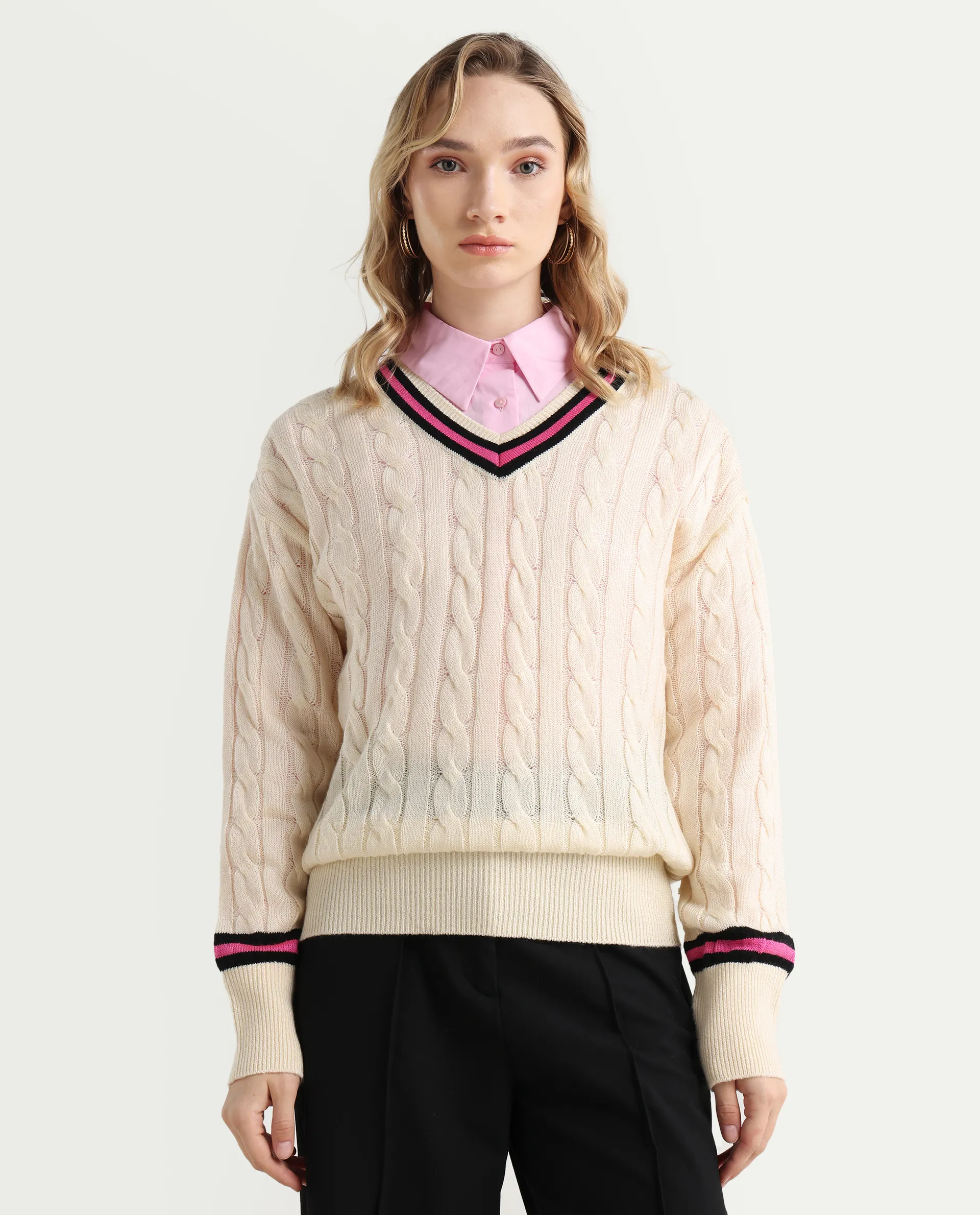 Rareism Women's Simayan Off White Cotton V-Neck Relaxed Fit Plain Sweater - Image 3
