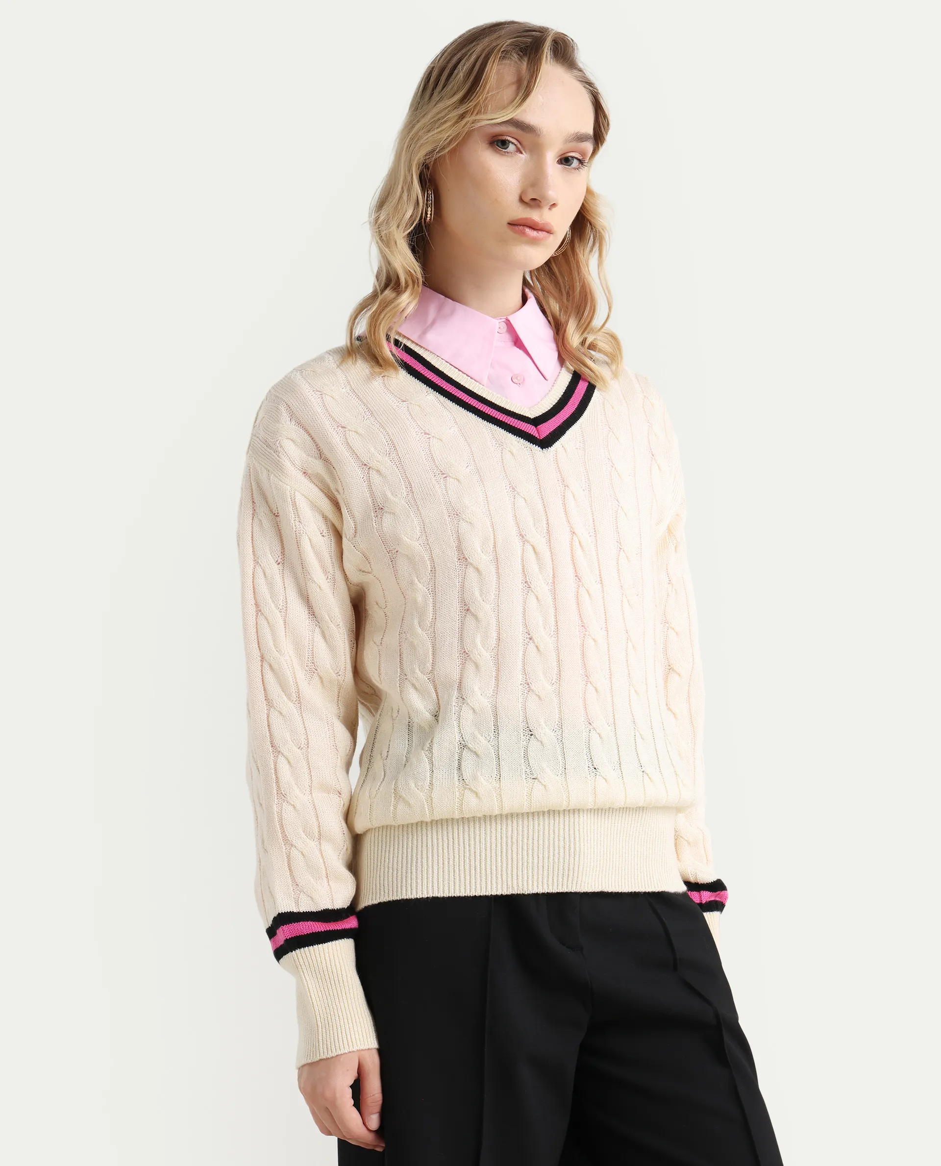 Rareism Women's Simayan Off White Cotton V-Neck Relaxed Fit Plain Sweater - Image 6