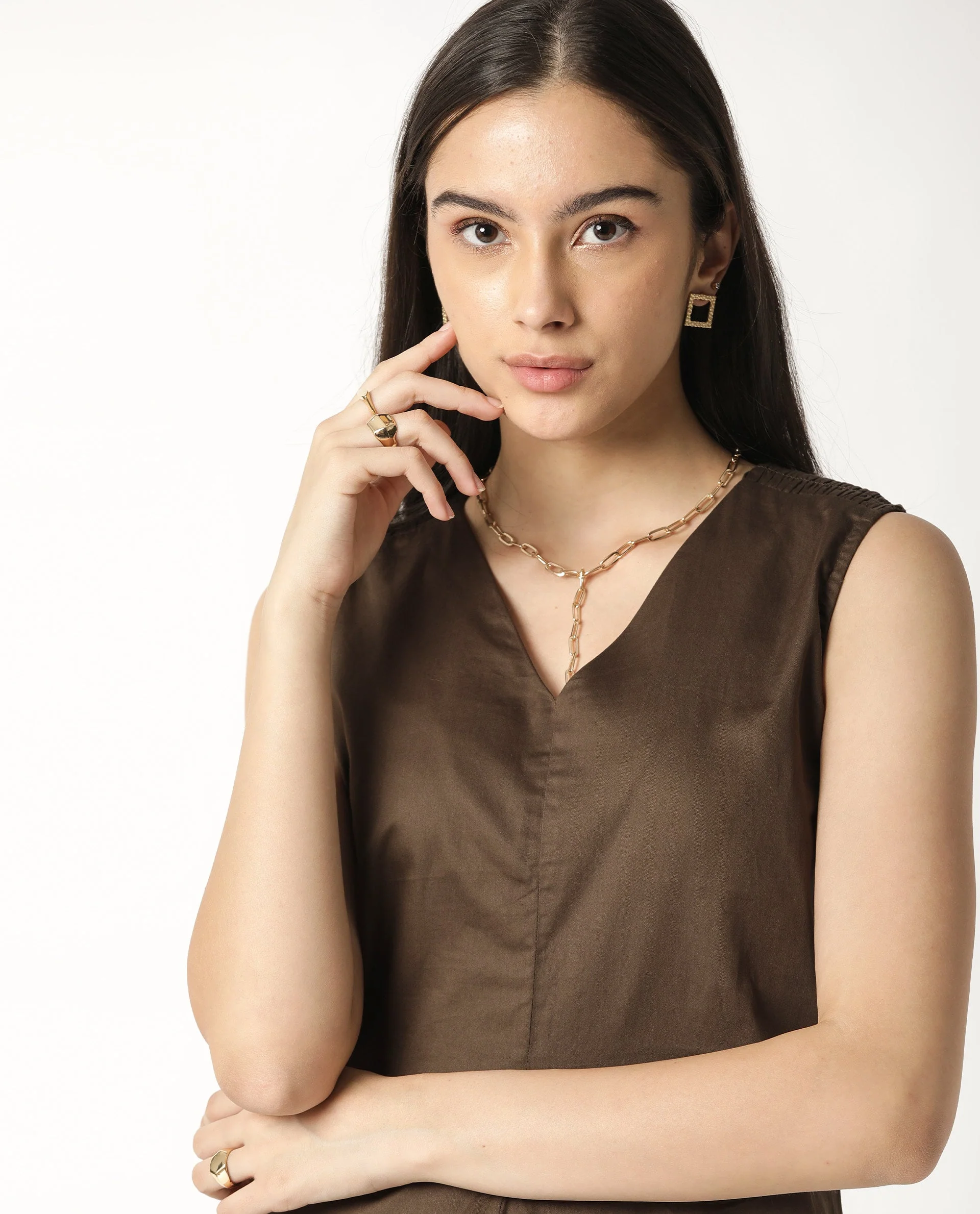 Rareism Women's Simi Brown Cotton V-Neck Plain Sleeveless Regular Fit Top - Image 2